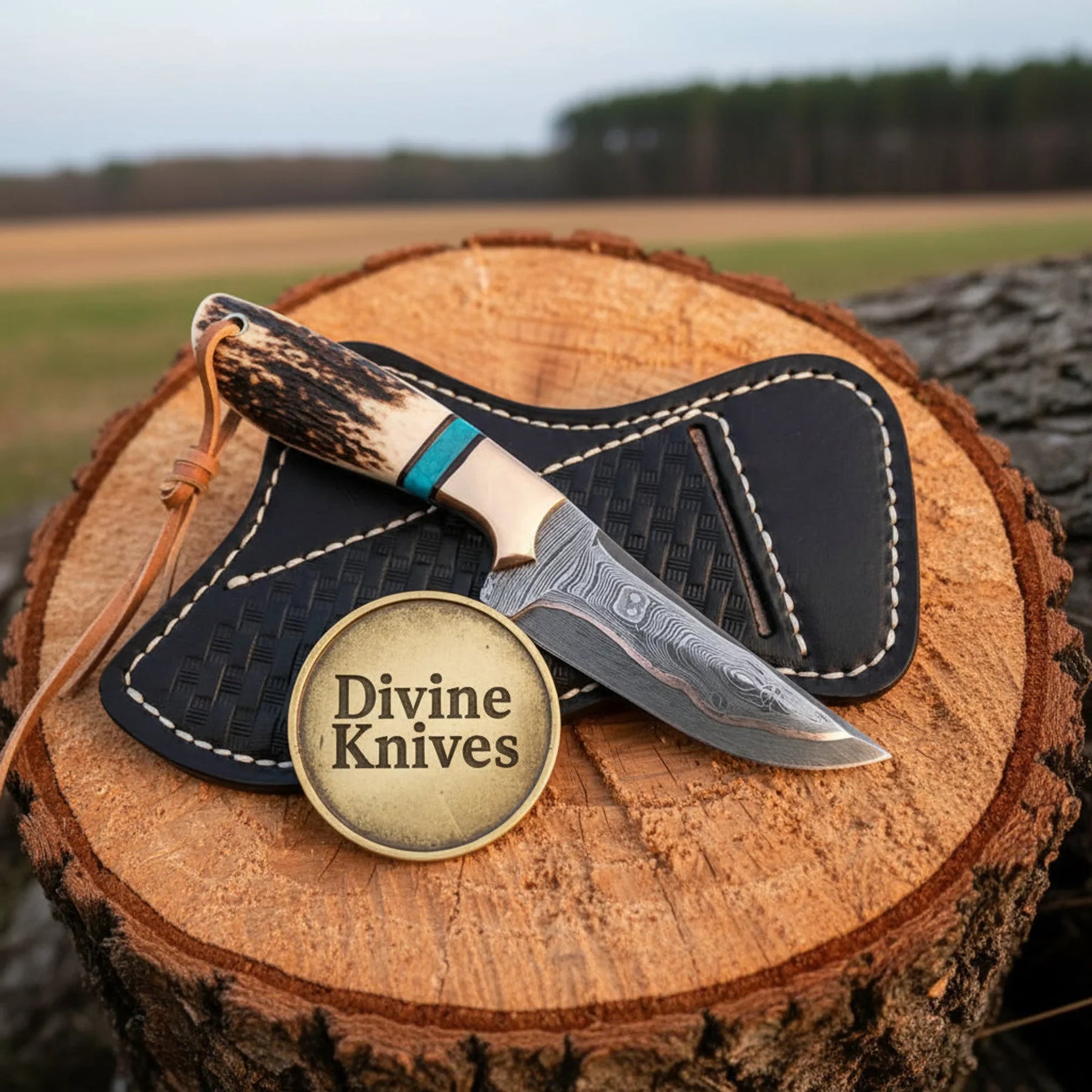 Copper Damascus Cowboy Knife with Stag Horn & Turquoise Spacer – Handcrafted Outdoor Tool by Divine Knives