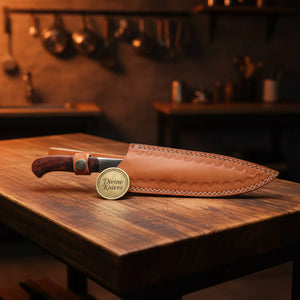 Damascus Utility Knife with Resin Handle – Handcrafted Small Kitchen Knife with Sheath detail view by Divine Knives
