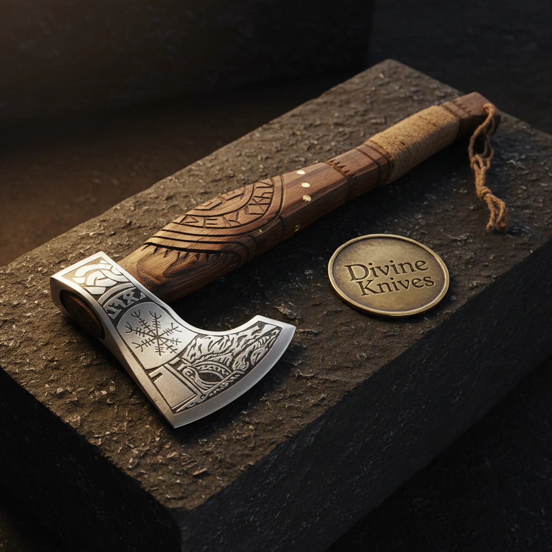 Norse Engraved Viking Axe — Hand-Forged Hatchet with Runic Carved Handle by Divine Knives
