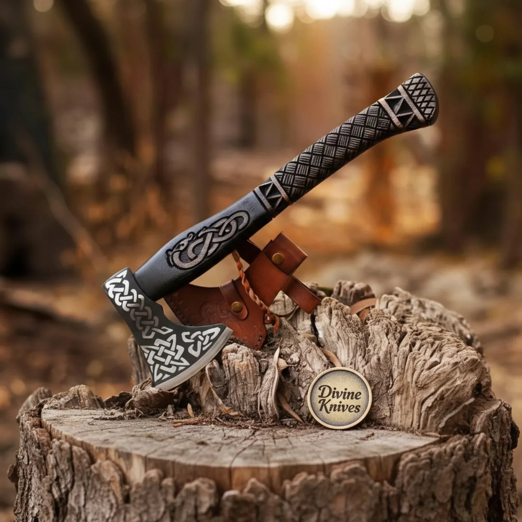 Celtic Norse Viking Axe — Hand-Forged Hatchet with Carved Handle by Divine Knives