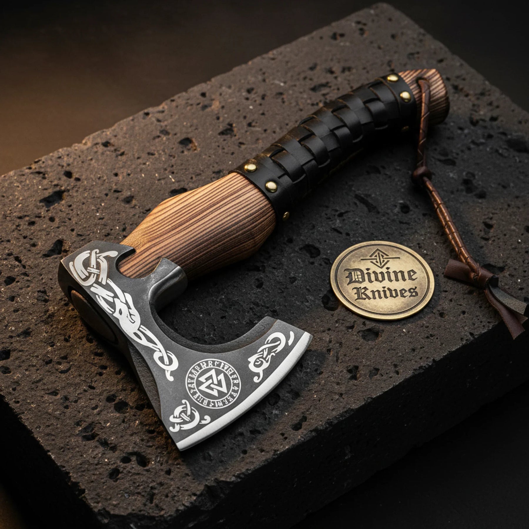 Valknut Viking Axe — Hand-Forged Hatchet with Leather-Wrapped Handle by Divine Knives