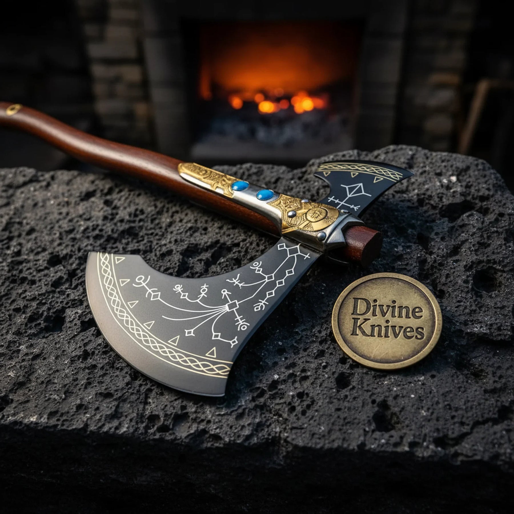 Norse Rune Viking Axe with Turquoise Inlay and Brass Fittings by Divine Knives