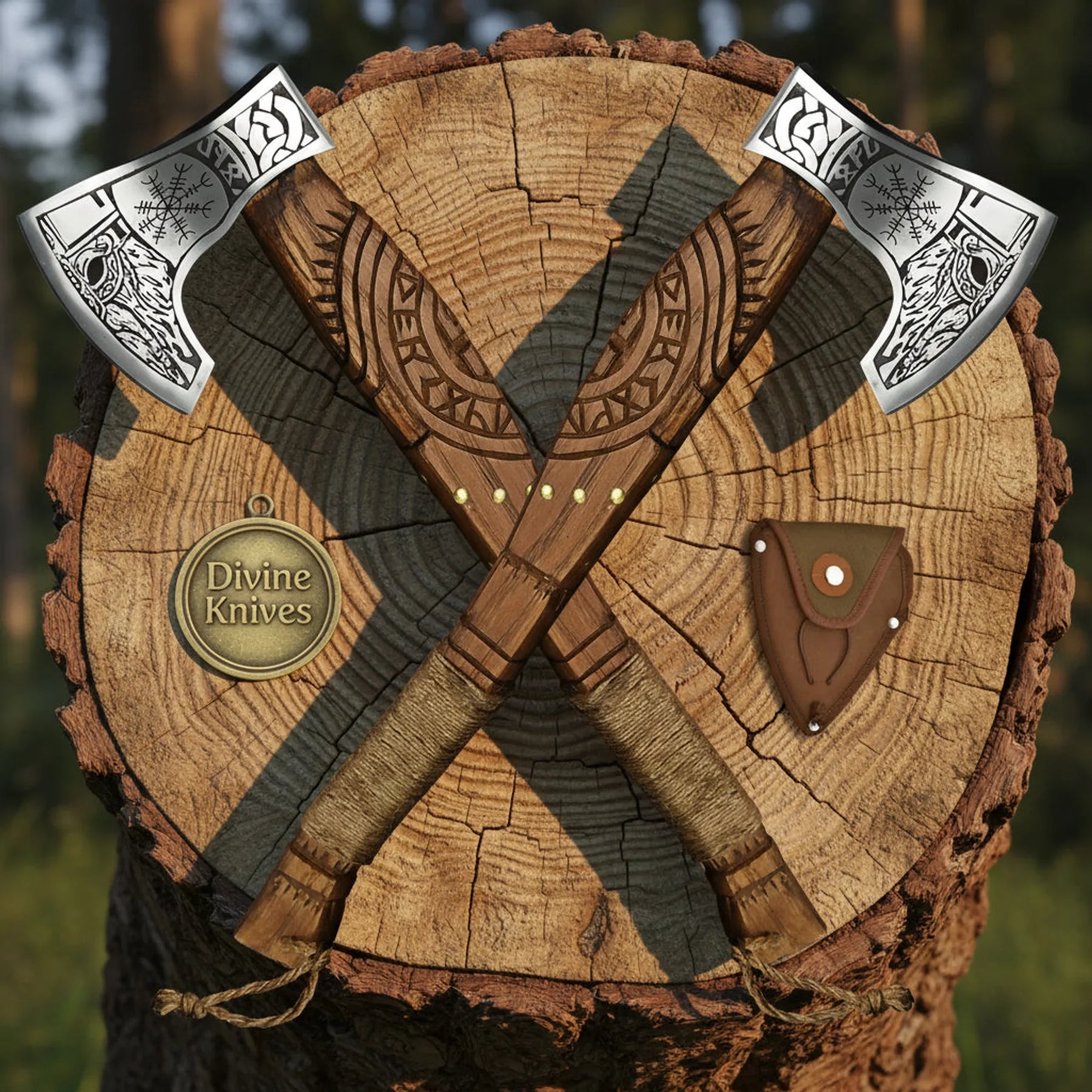 Wolf Head Viking Throwing Axe Pair with Rune Carved Handles by Divine Knives