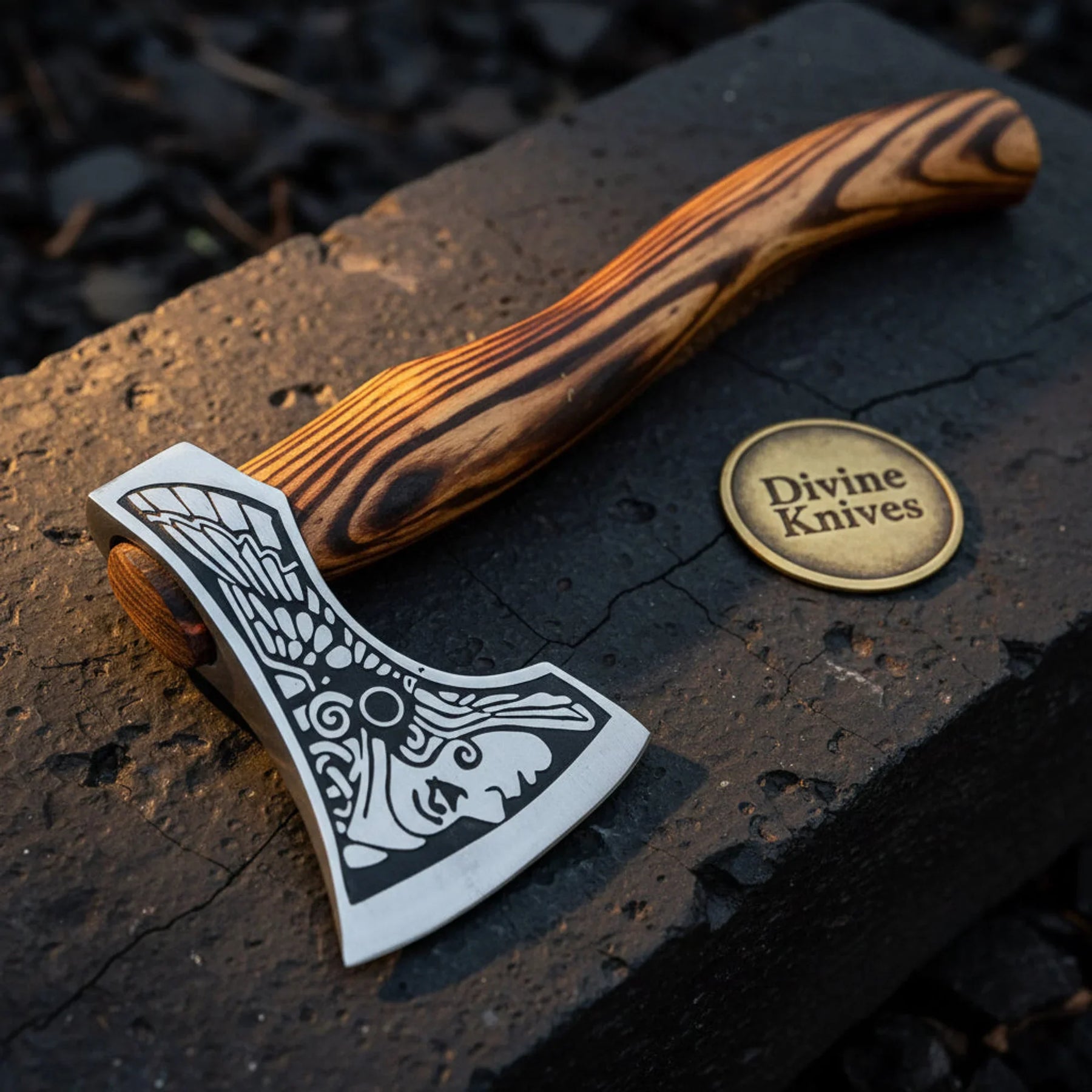 Valkyrie Etched Viking Axe with Wave Grain Wood Handle by Divine Knives