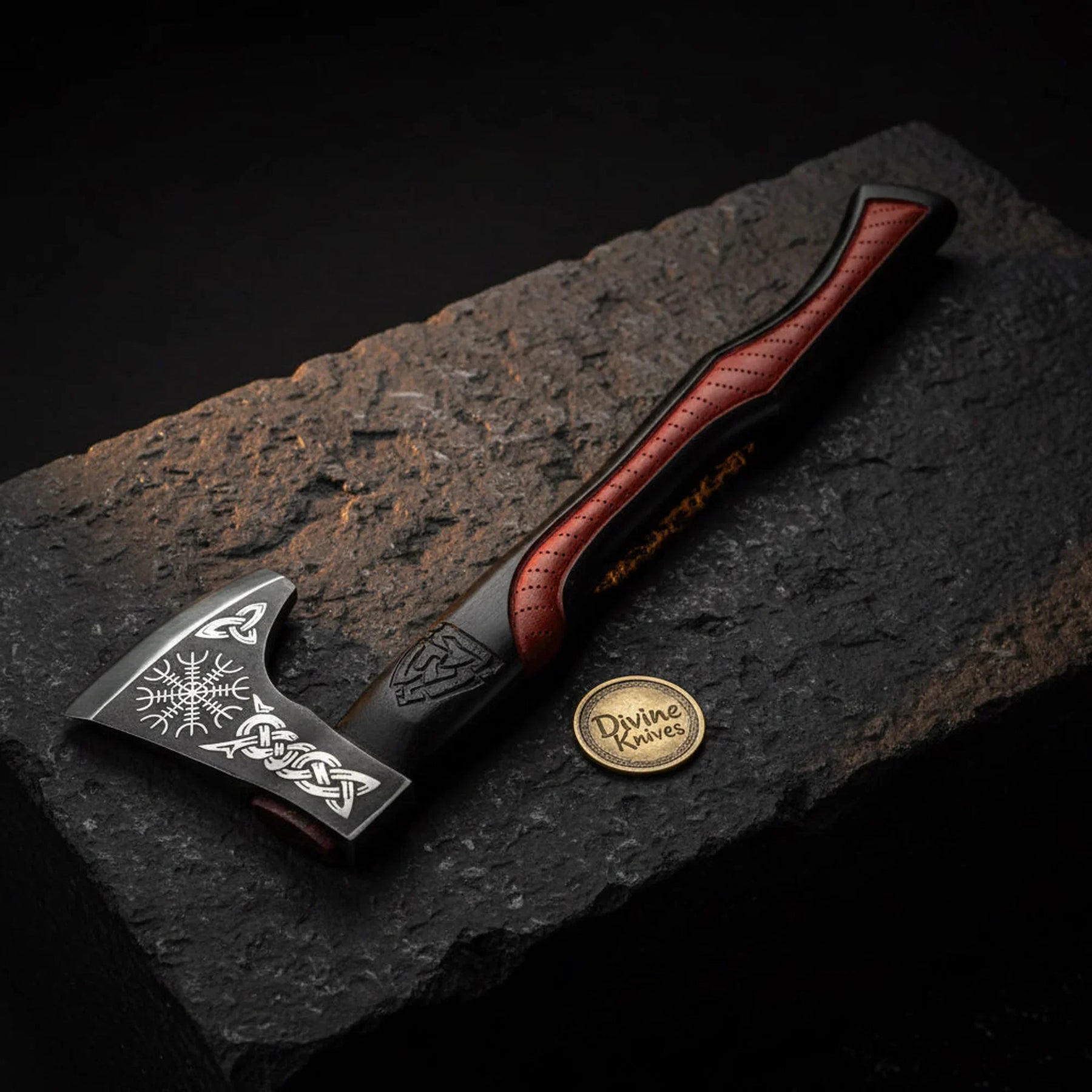 Helm of Awe Viking Axe with Blackened Head & Sculpted Red Handle by Divine Knives