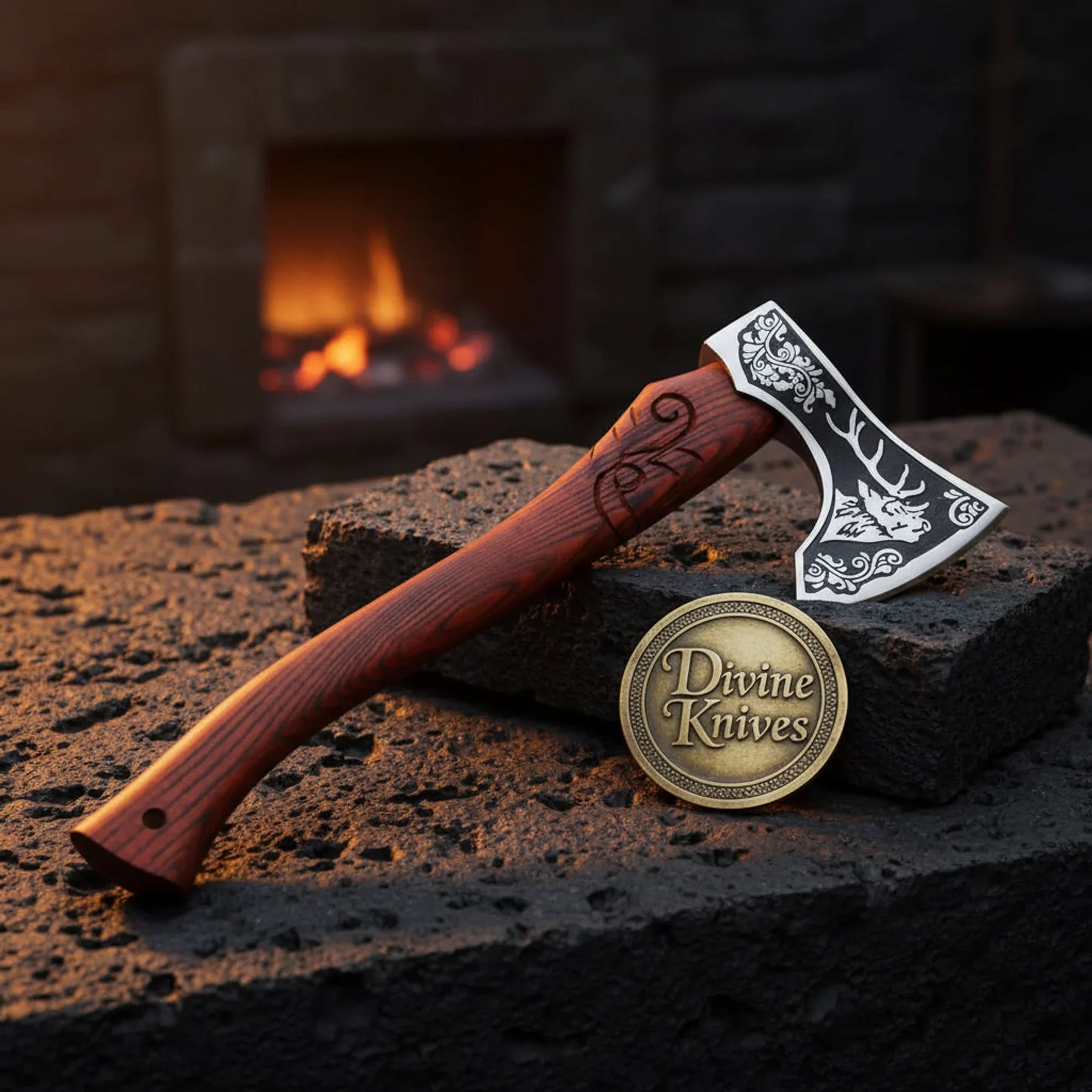 Floral Engraved Viking Axe with Stag Emblem and Carved Wood Handle by Divine Knives
