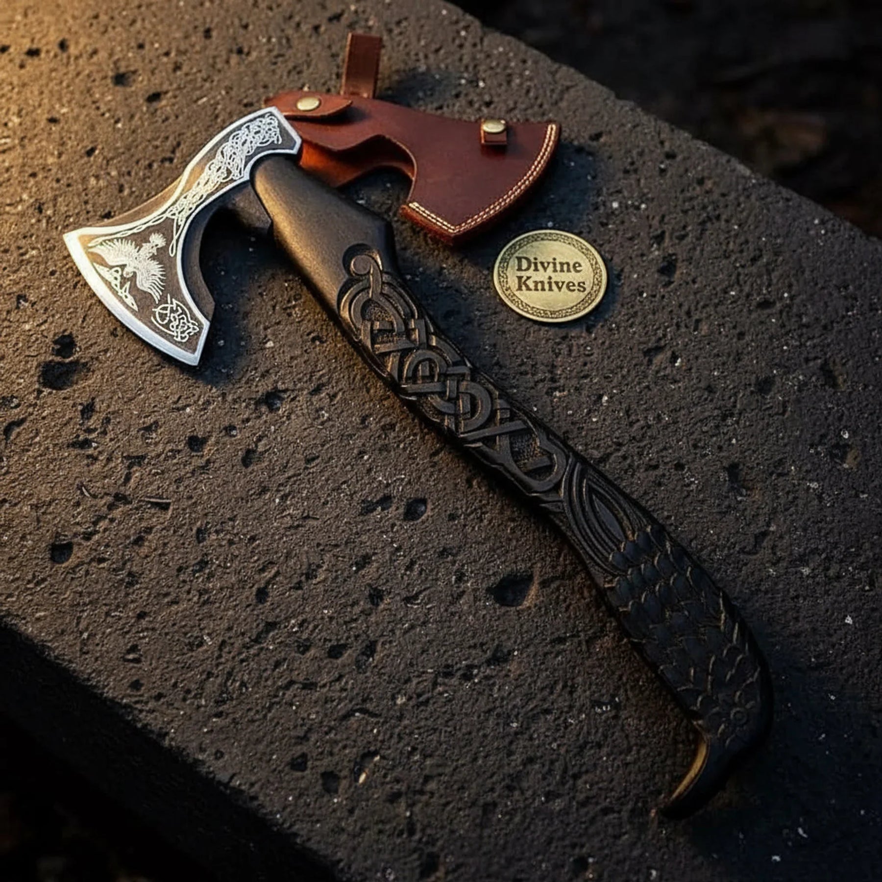 Raven Etched Viking Axe with Knotwork Carved Handle and Leather Sheath by Divine Knives