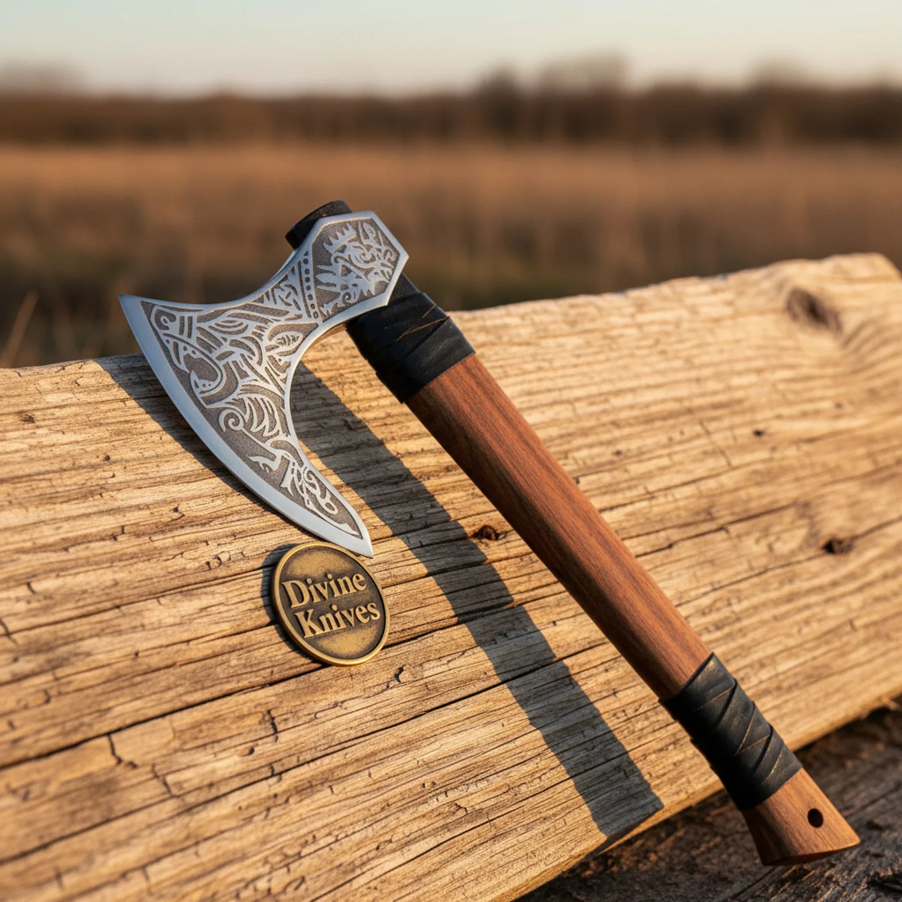 Warrior Etched Viking Axe with Cord Wrapped Wood Handle by Divine Knives