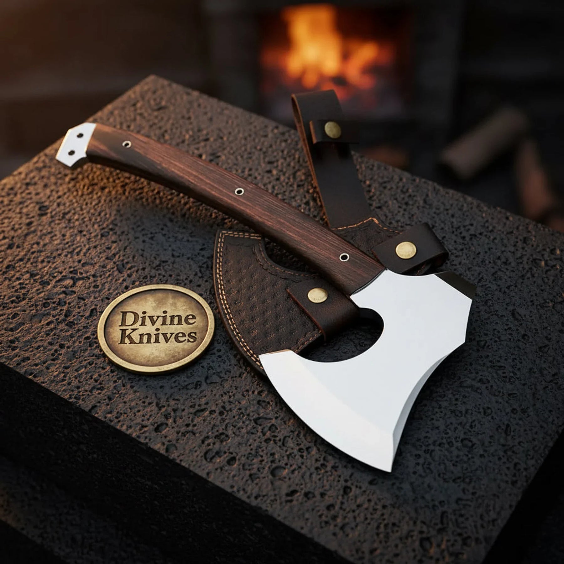 Cutout Eye Viking Axe with Wood Handle and Textured Leather Sheath by Divine Knives