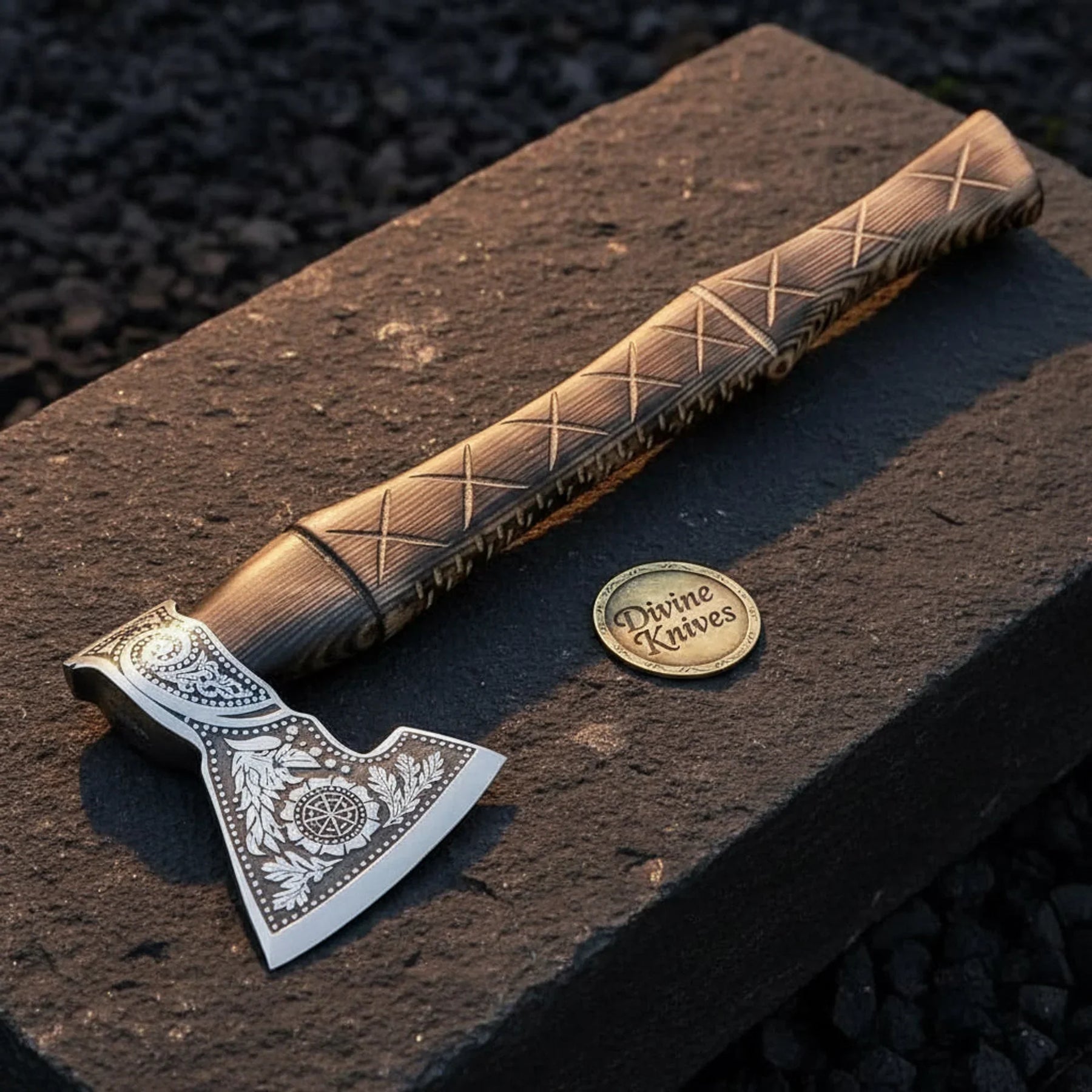 Floral Mandala Viking Axe with Carved Crosshatch Handle by Divine Knives
