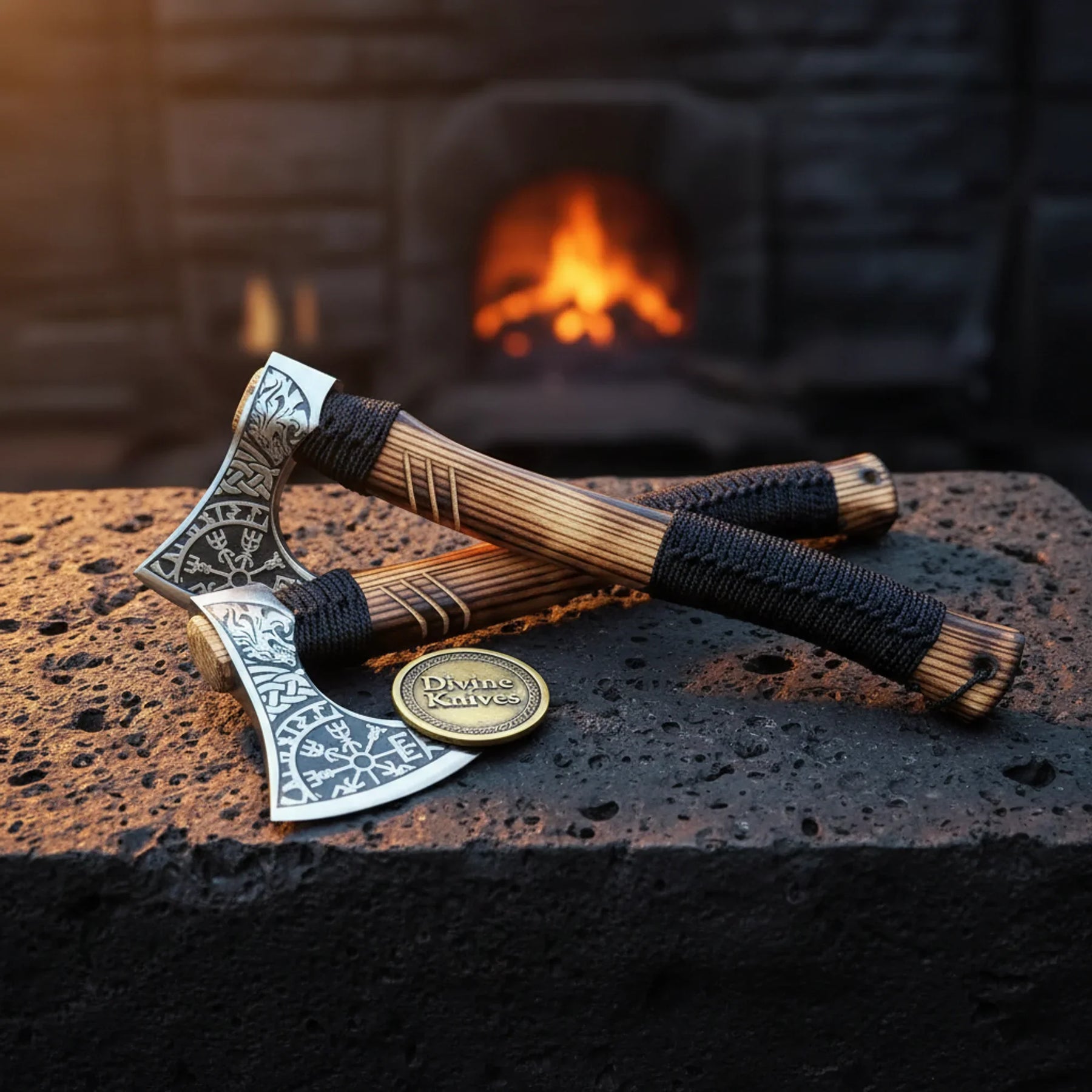 Double-Edged Vegvisir Viking Axe with Cord Wrapped Handle by Divine Knives