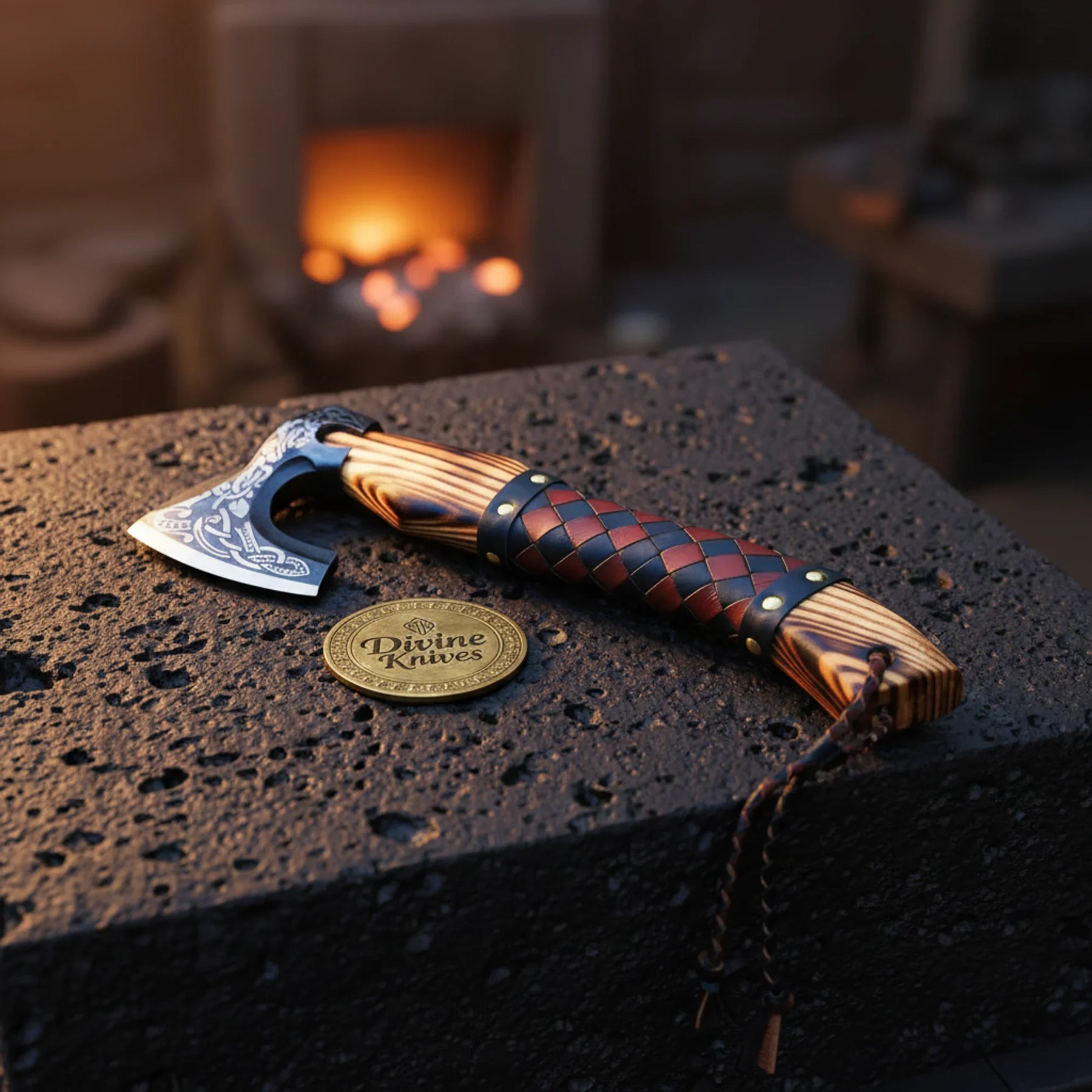 Eye Cutout Viking Axe with Woven Leather Grip Handle by Divine Knives