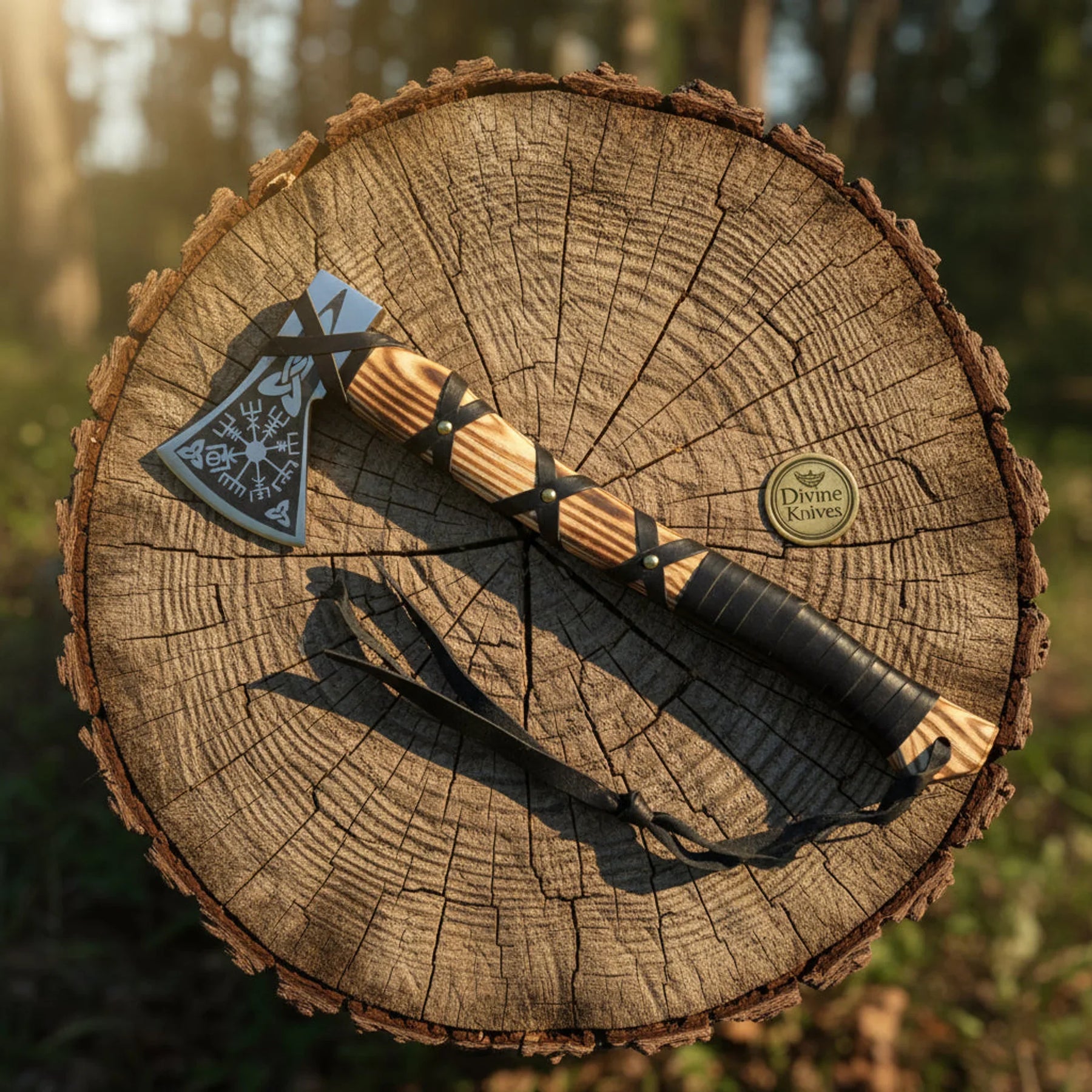 Vegvisir Compass Viking Axe with Leather Laced Handle by Divine Knives
