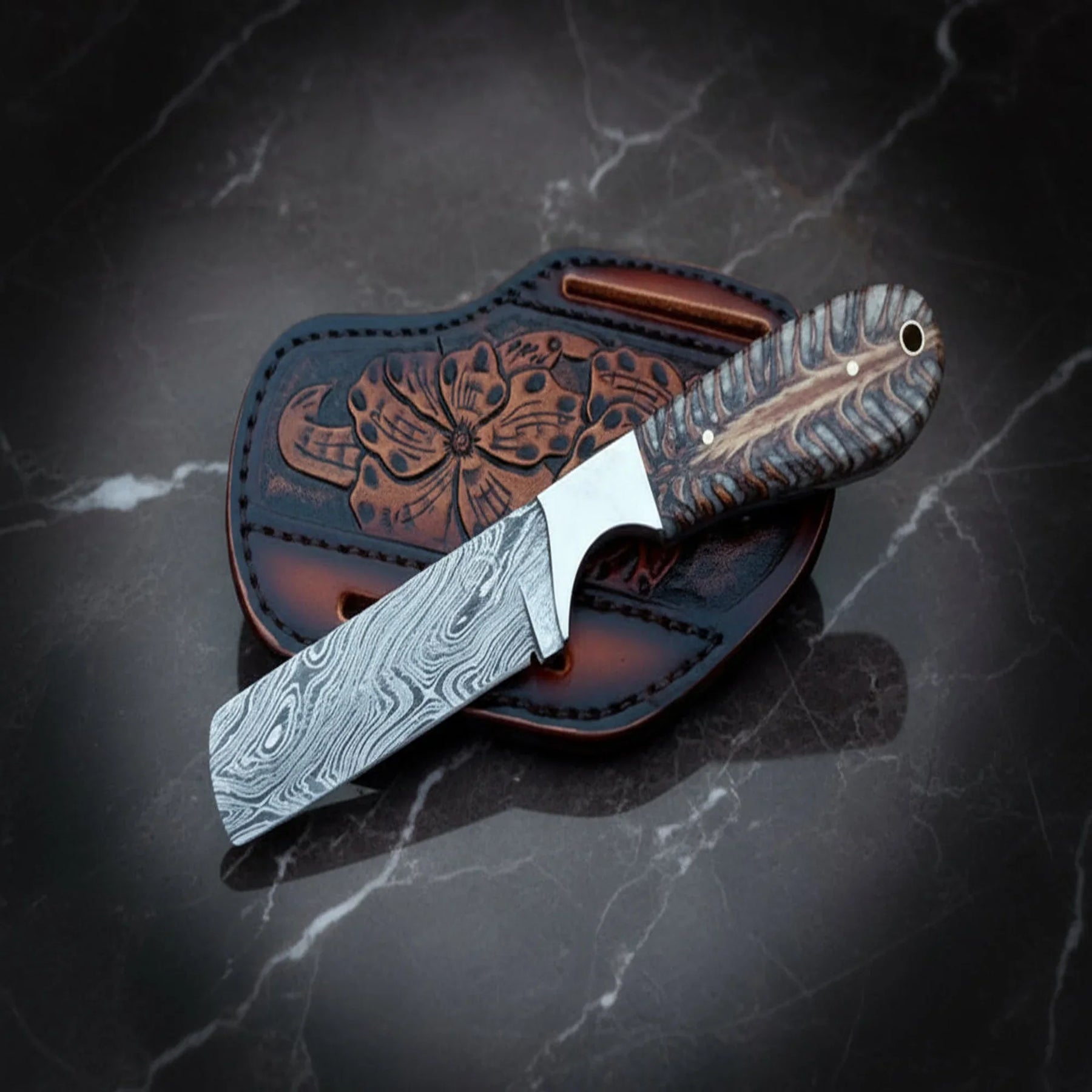 Damascus Cowboy Knife with Pine Cone Resin Handle & Floral-Tooled Sheath by Divine Knives