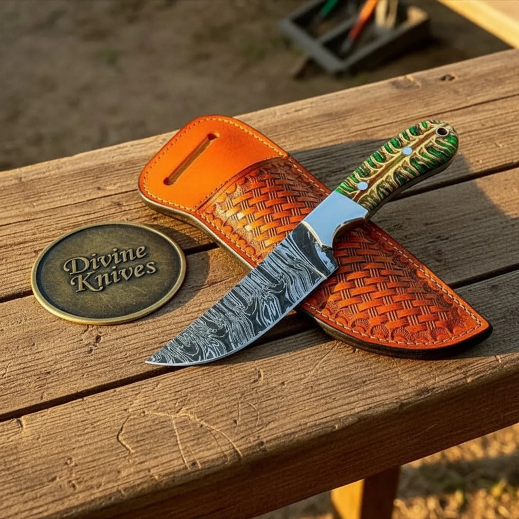 Handmade Damascus Cowboy Knife with Green Resin Handle & Basket-Weave Sheath by Divine Knives