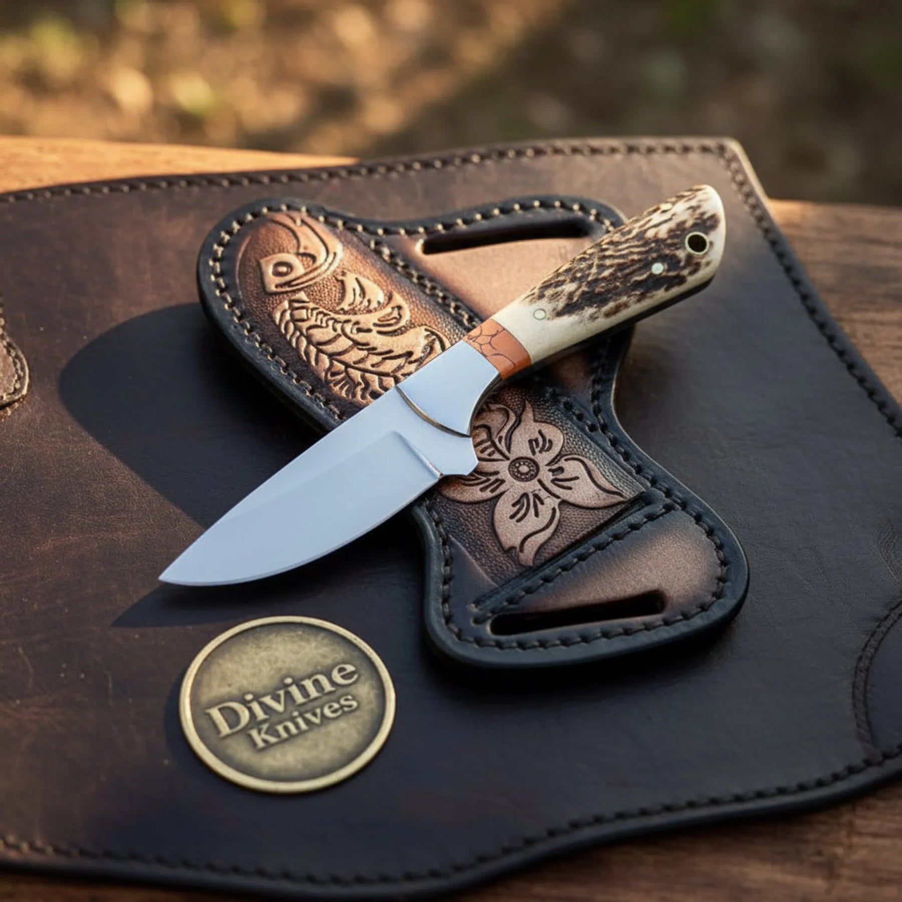 Leather-Wrapped Handle Damascus Bowie Knife for Outdoor Adventures by Divine Knives