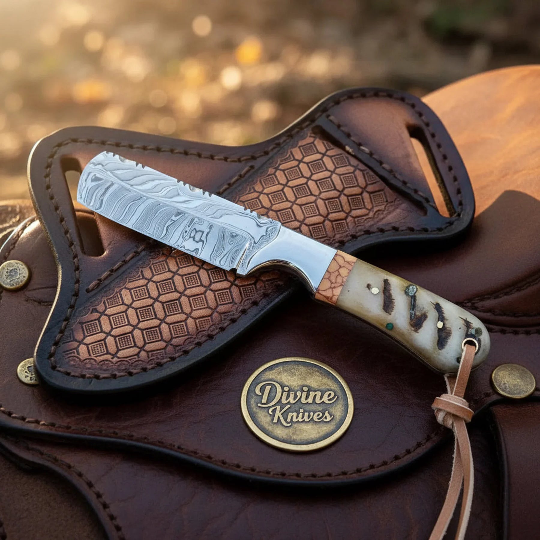 Ram Horn Cowboy Knife with Damascus Blade & Turquoise Stone Spacer by Divine Knives