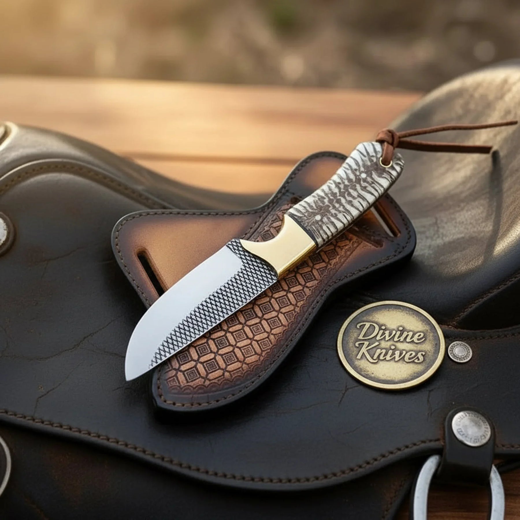 Rasp Steel Cowboy Knife with Pine Cone Resin Handle & Brass Bolster by Divine Knives