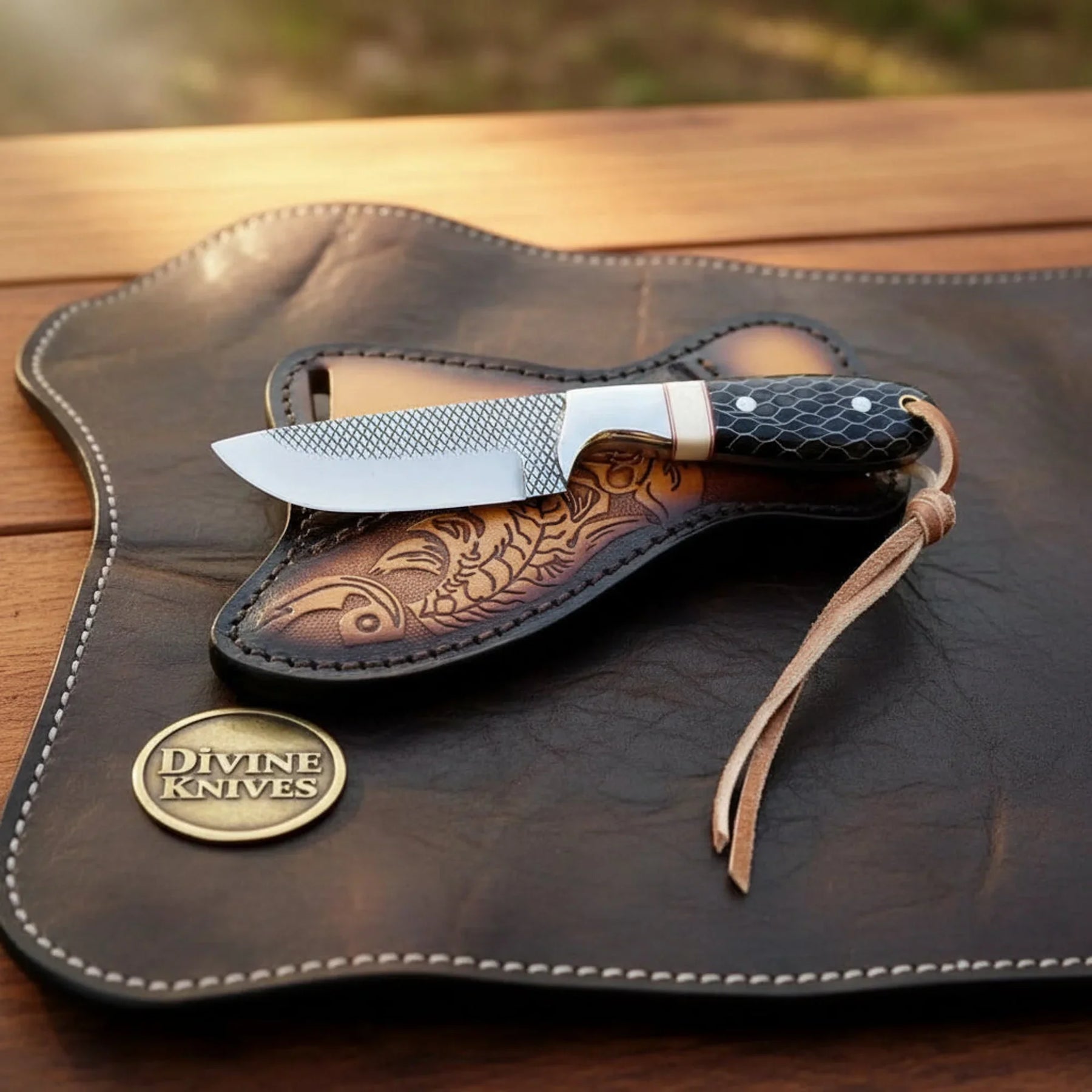 Honeycomb Resin Cowboy Knife with Rasp Steel Blade & Floral Sheath by Divine Knives