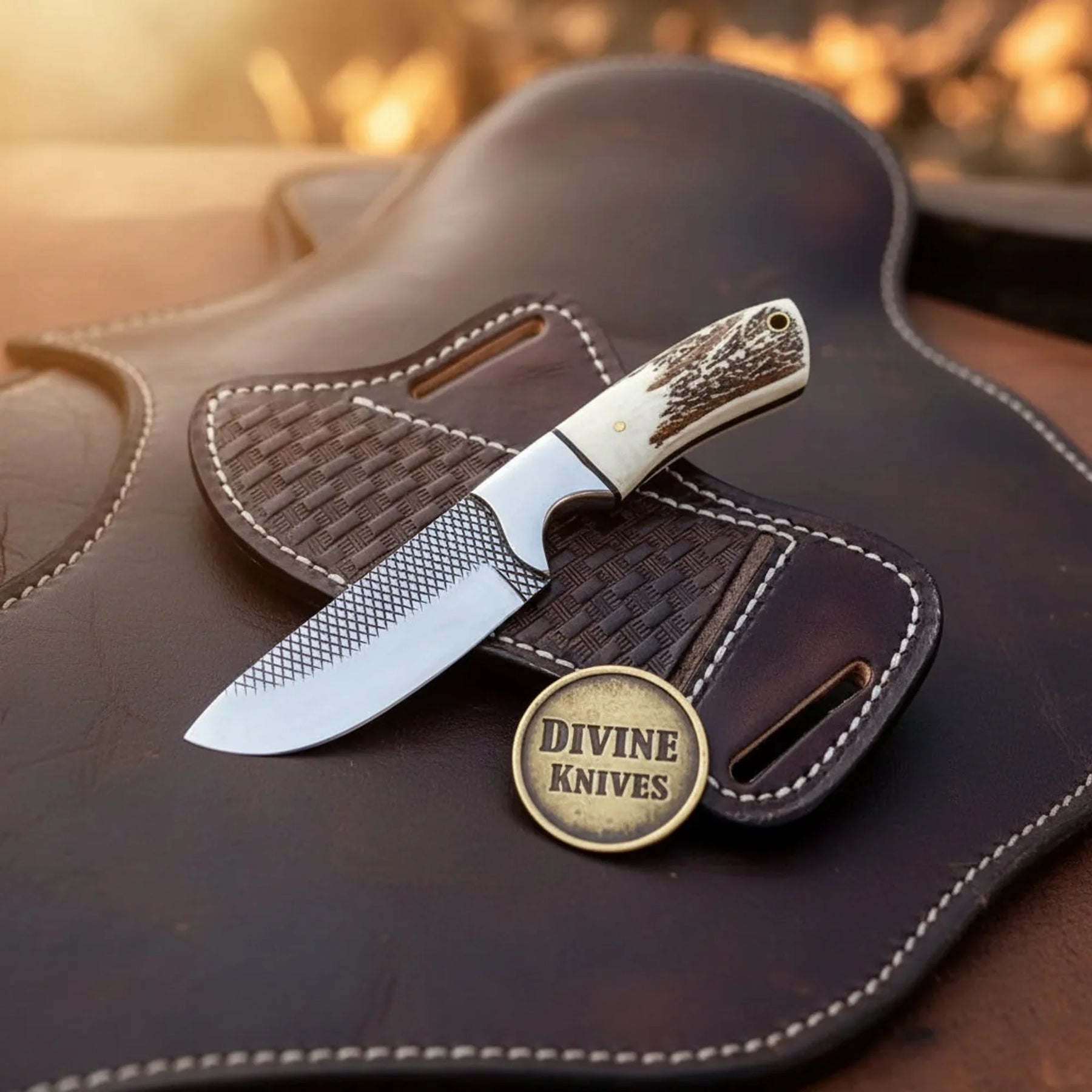 Stag Horn Cowboy Knife with Rasp Steel Blade & Basket-Weave Sheath by Divine Knives