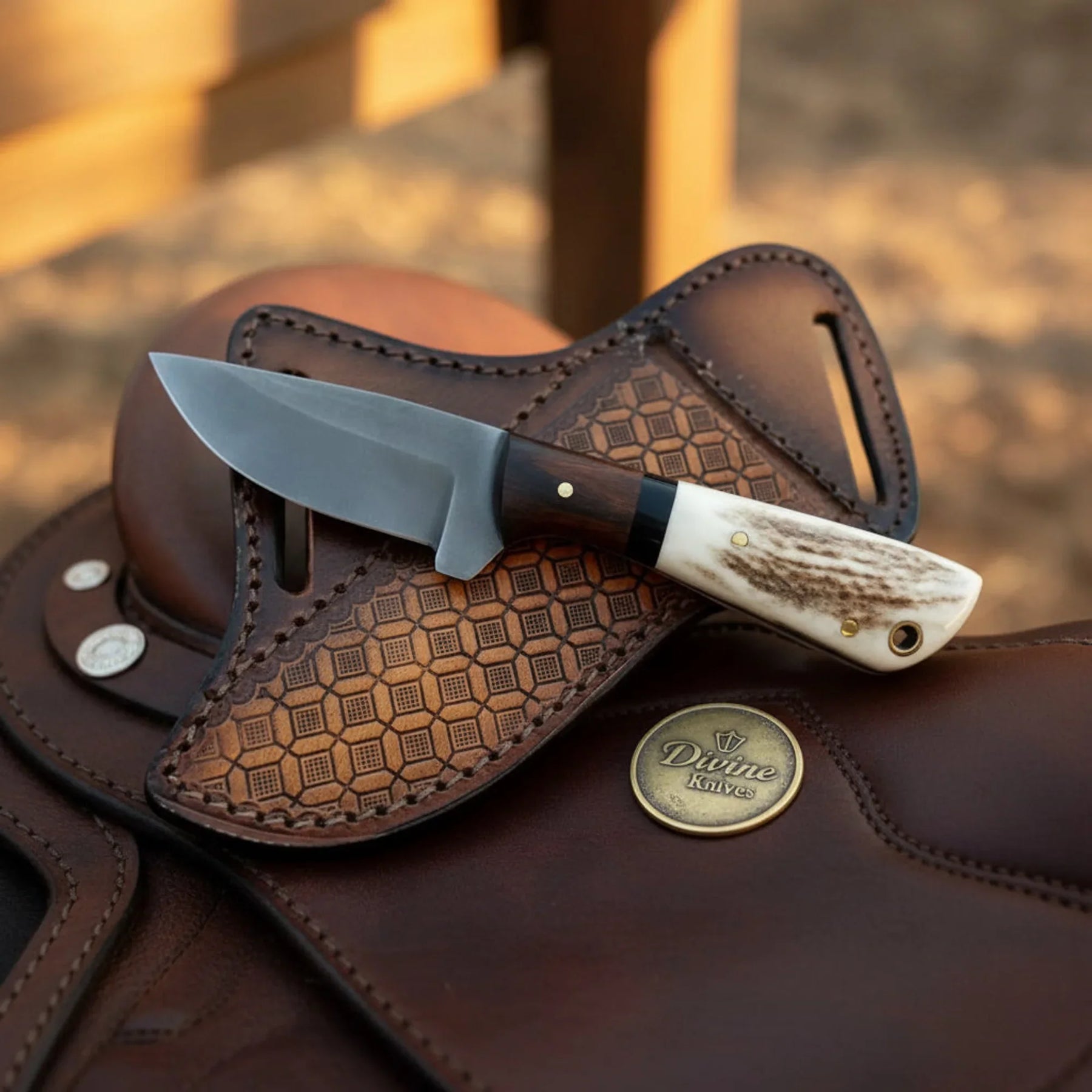 Acid-Washed Cowboy Knife with Stag Horn Handle & Honeycomb Sheath by Divine Knives