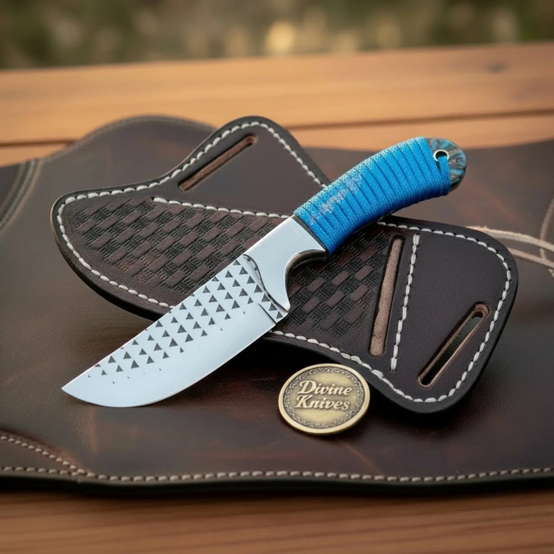 Paracord-Wrapped Cowboy Knife with Rasp Steel Blade & Blue Pine Cone Handle by Divine Knives