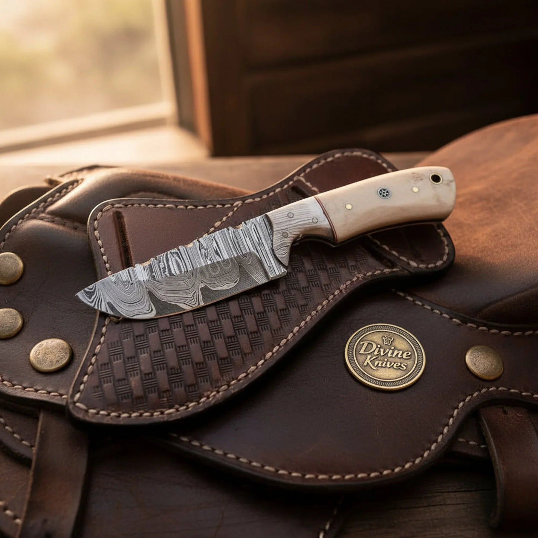 Damascus Chef Knife and Carving Fork Set with Wood Handles by Divine Knives