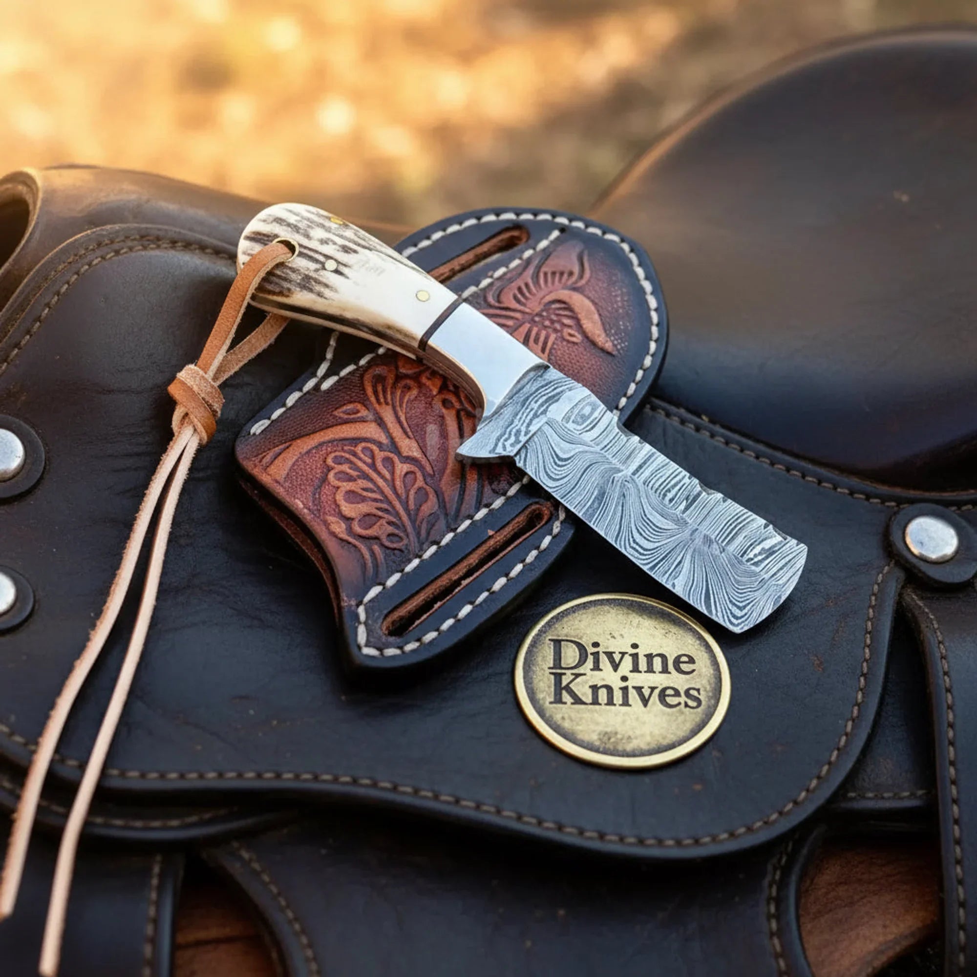 Bull Cutter Cowboy Knife with Damascus Blade & Stag Horn Handle by Divine Knives