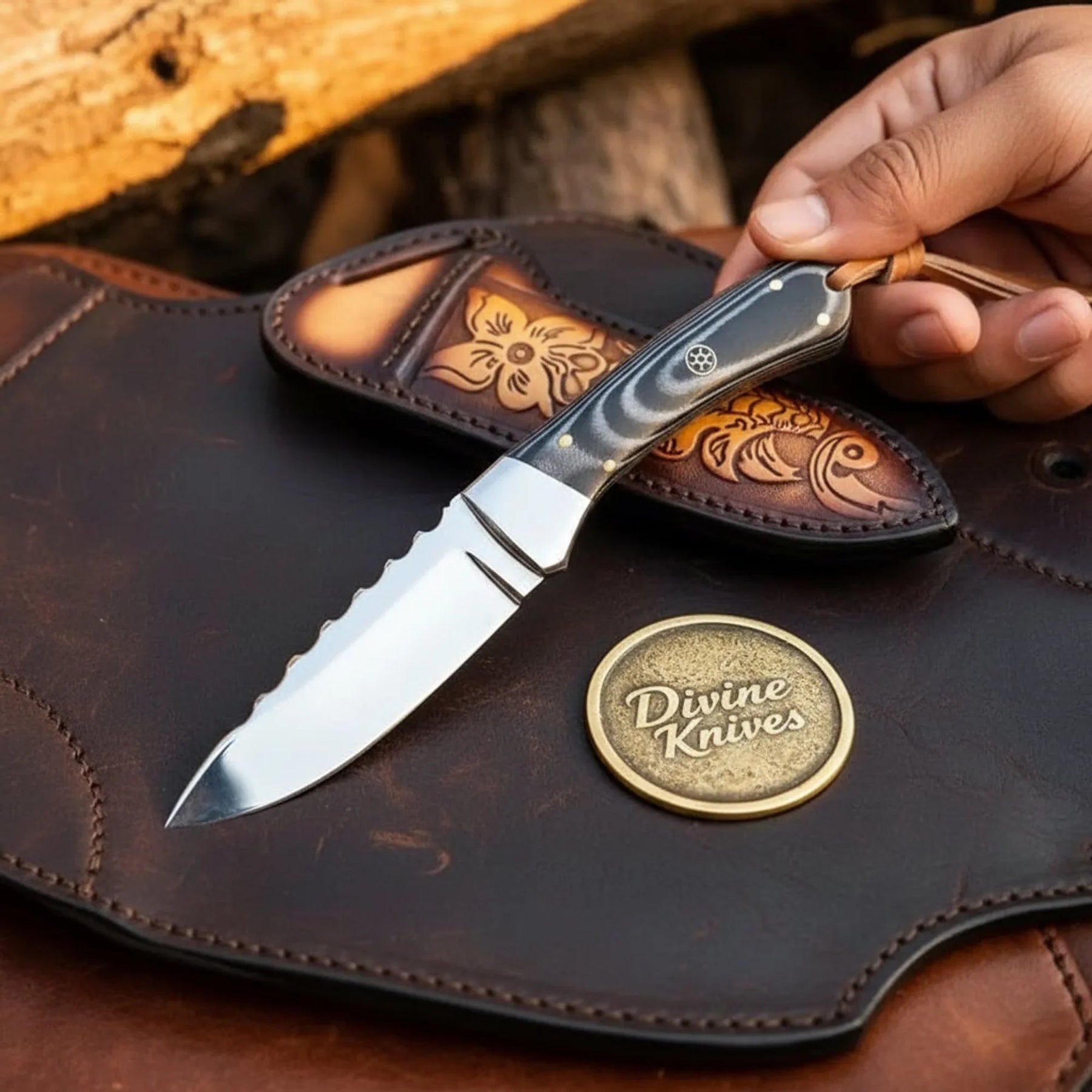 High-Carbon Cowboy Knife with Mirror-Polished Blade & Pakka Wood Handle by Divine Knives