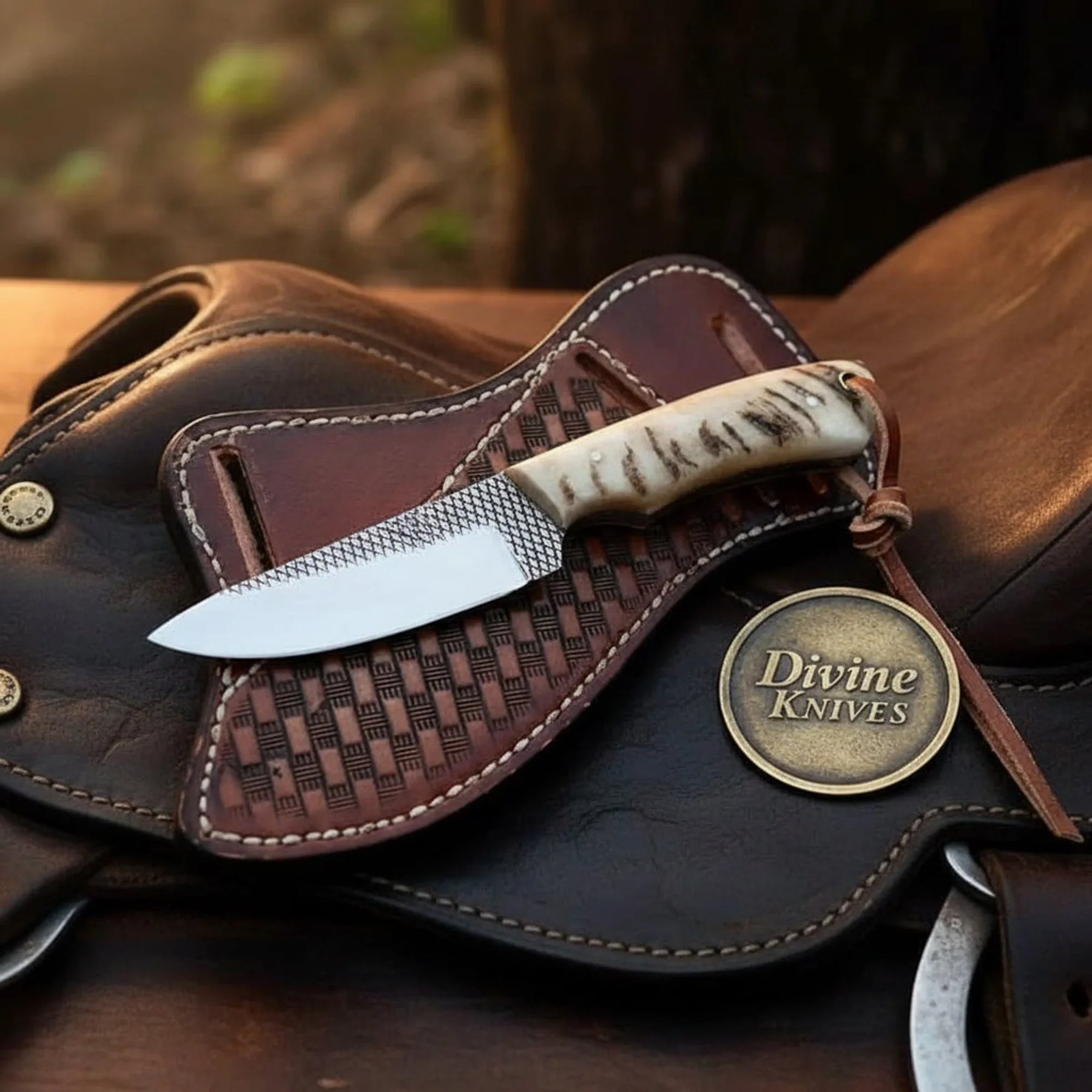 Ram Horn Cowboy Knife with Rasp Steel Blade & Basket-Weave Sheath by Divine Knives