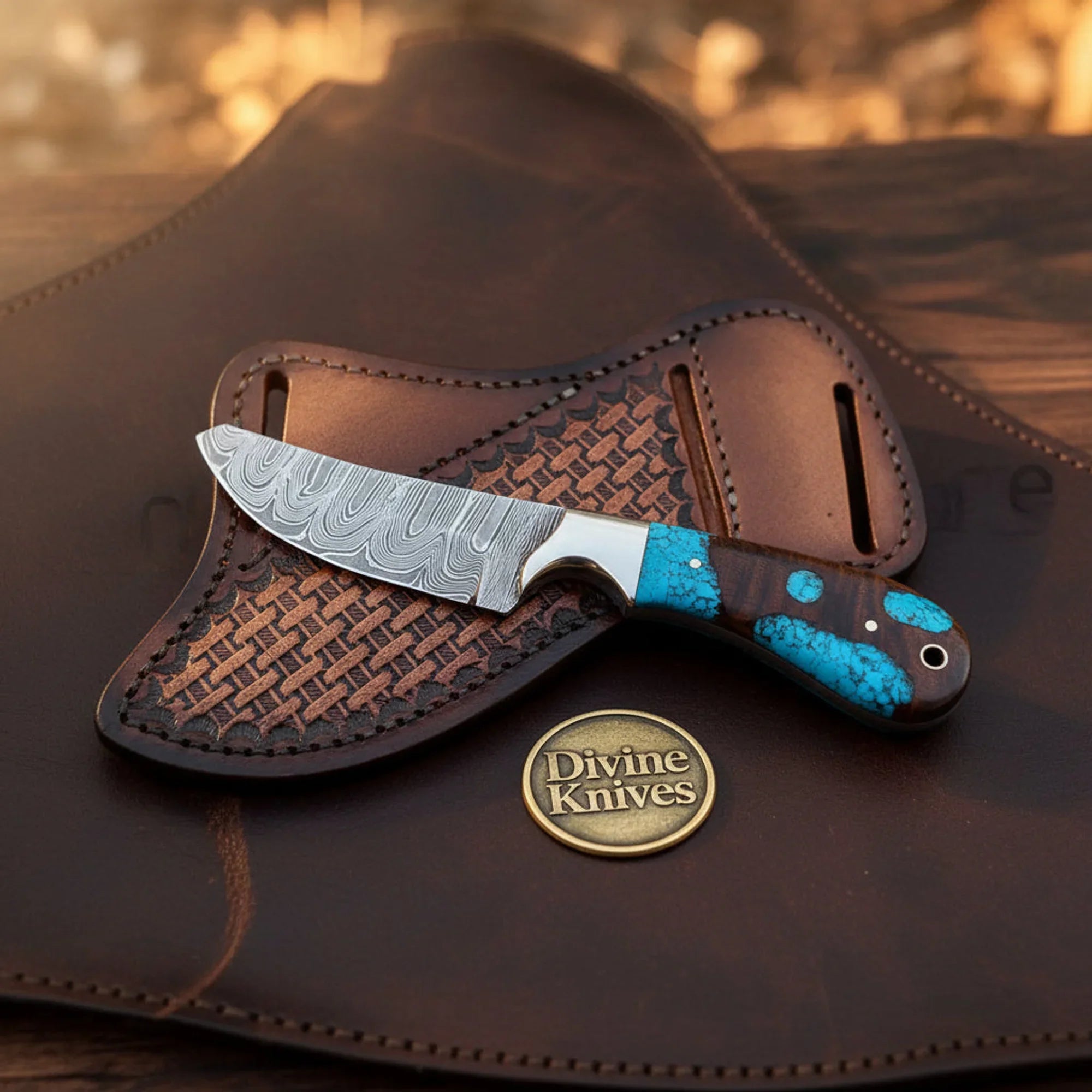 Turquoise Cowboy Knife with Damascus Blade &amp; Wood- Resin Handle by Divine Knives