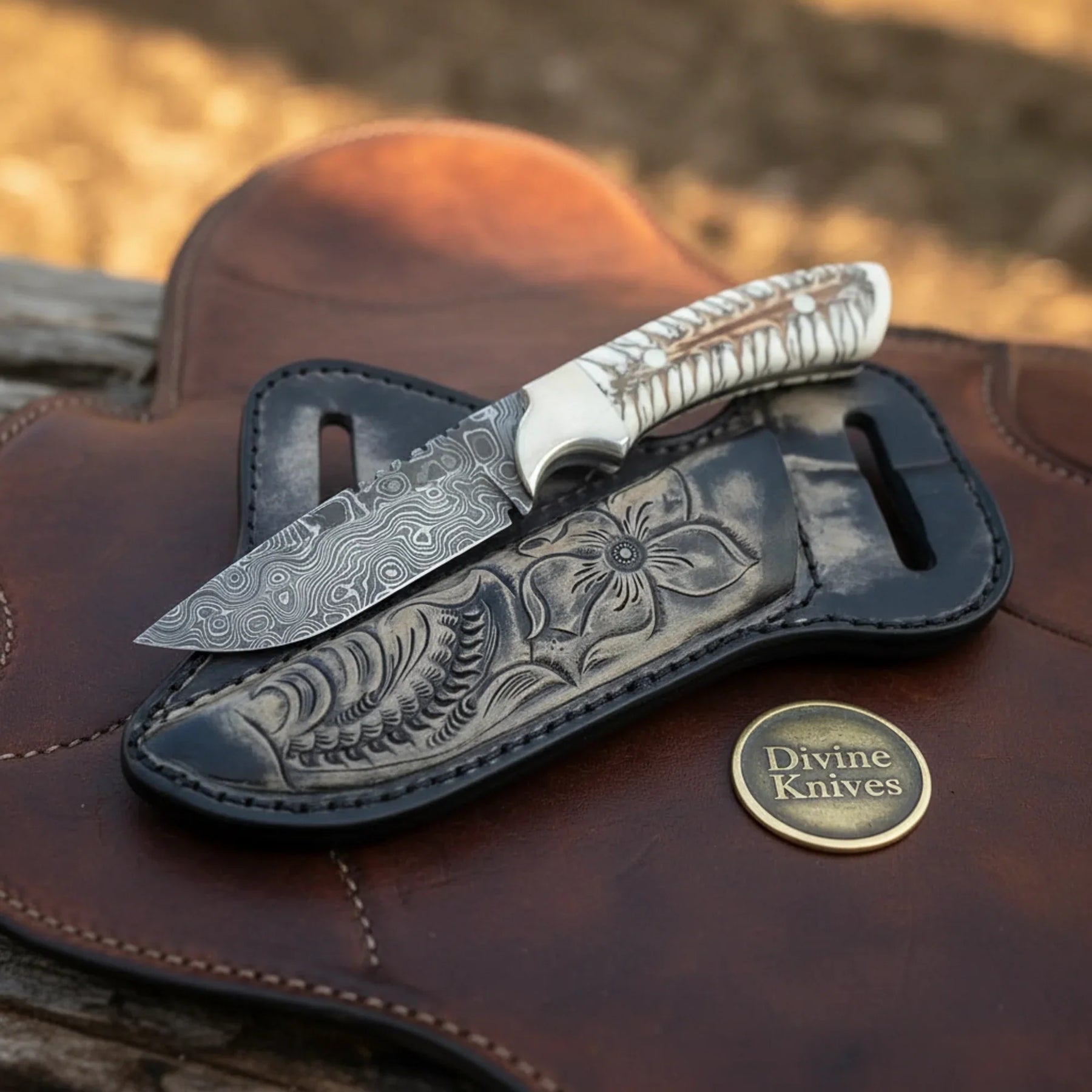 Pine Cone Resin Cowboy Knife with Damascus Blade & Floral Sheath by Divine Knives