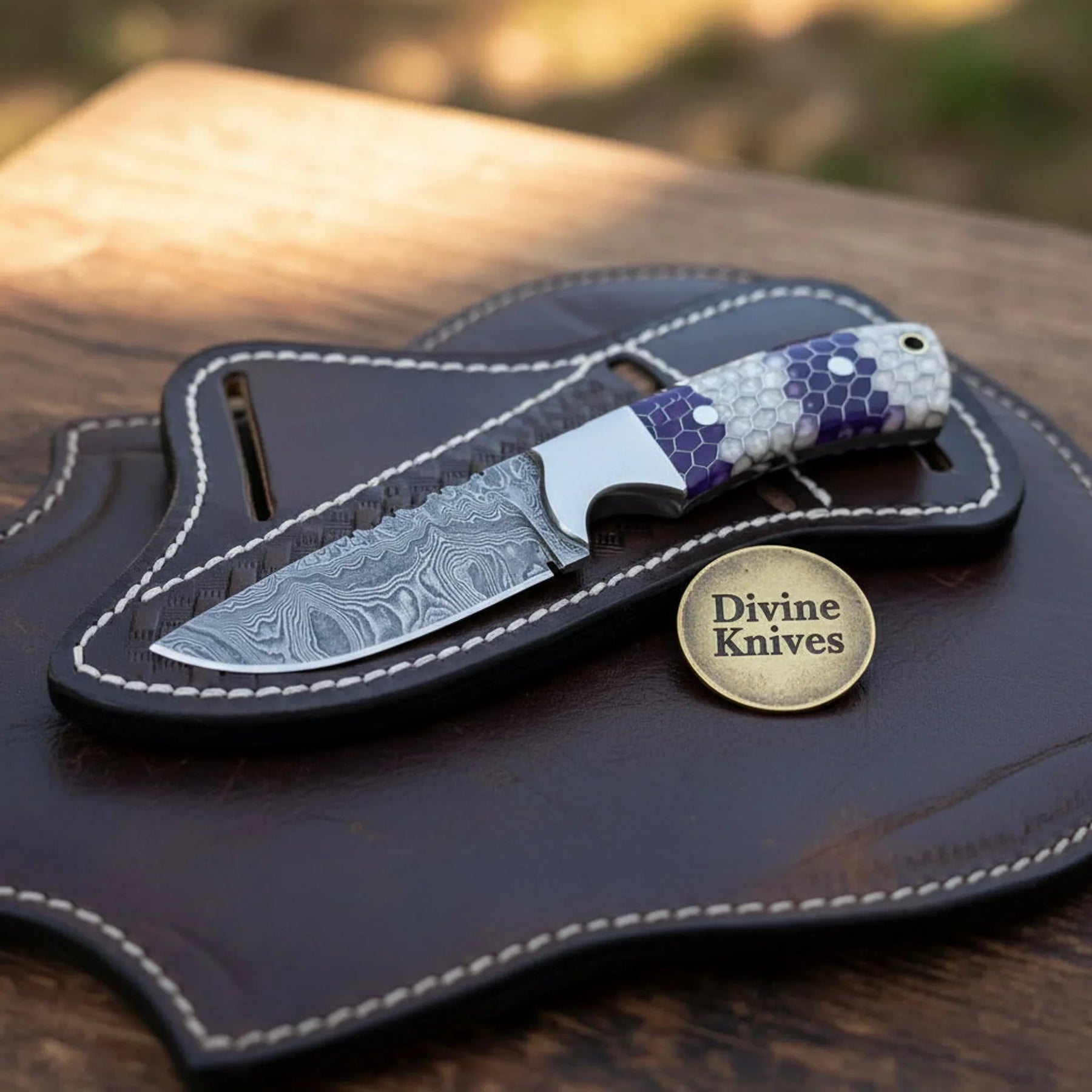 Resin-Handle Cowboy Knife with Damascus Blade & Hand-Stitched Sheath by Divine Knives