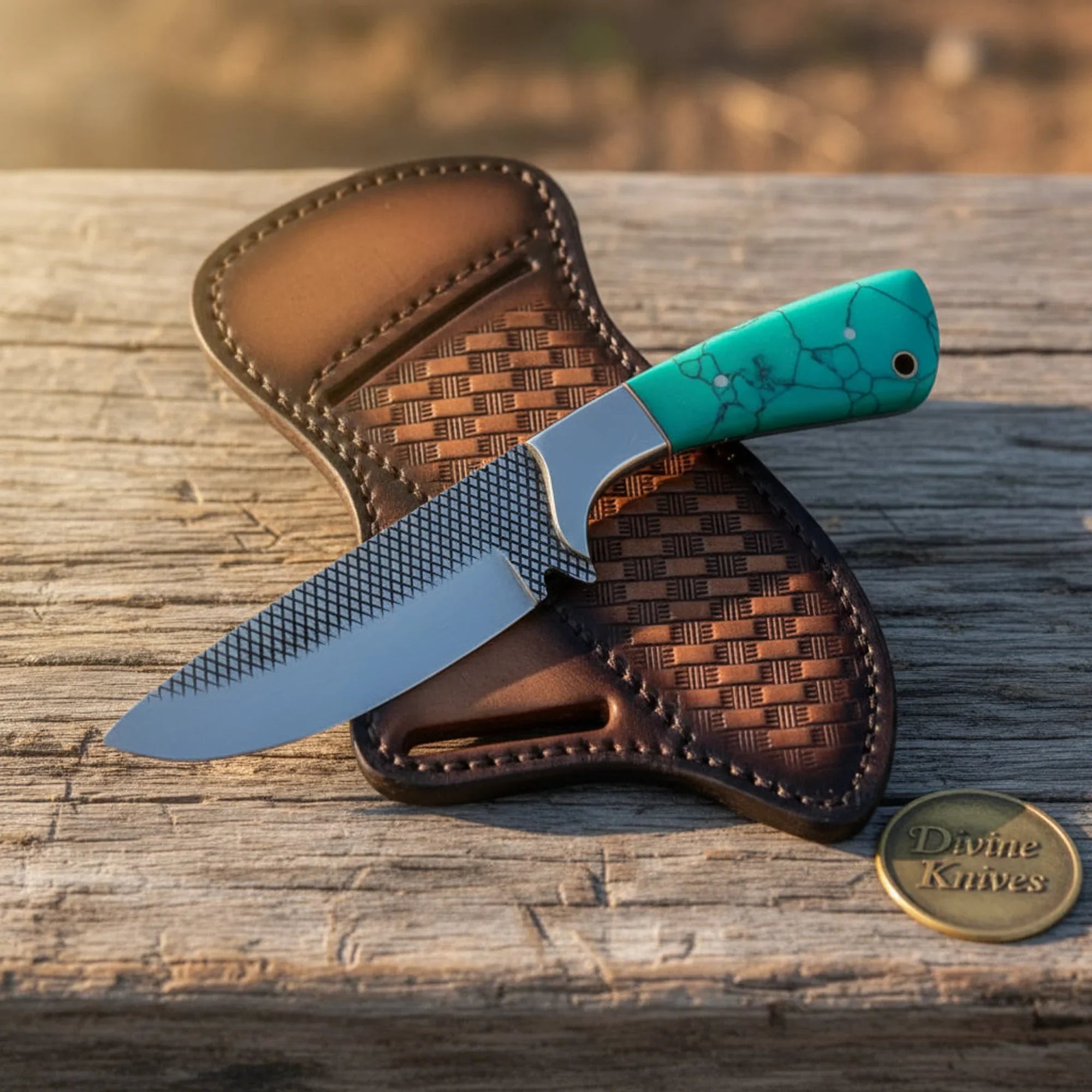 Turquoise Stone Cowboy Knife with Rasp Steel Blade by Divine Knives