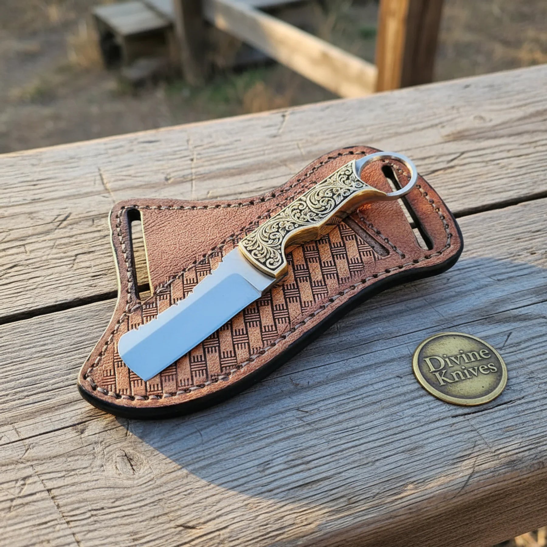 Bull Cutter Cowboy Knife with Brass Engraved Handle & Choil Ring by Divine Knives