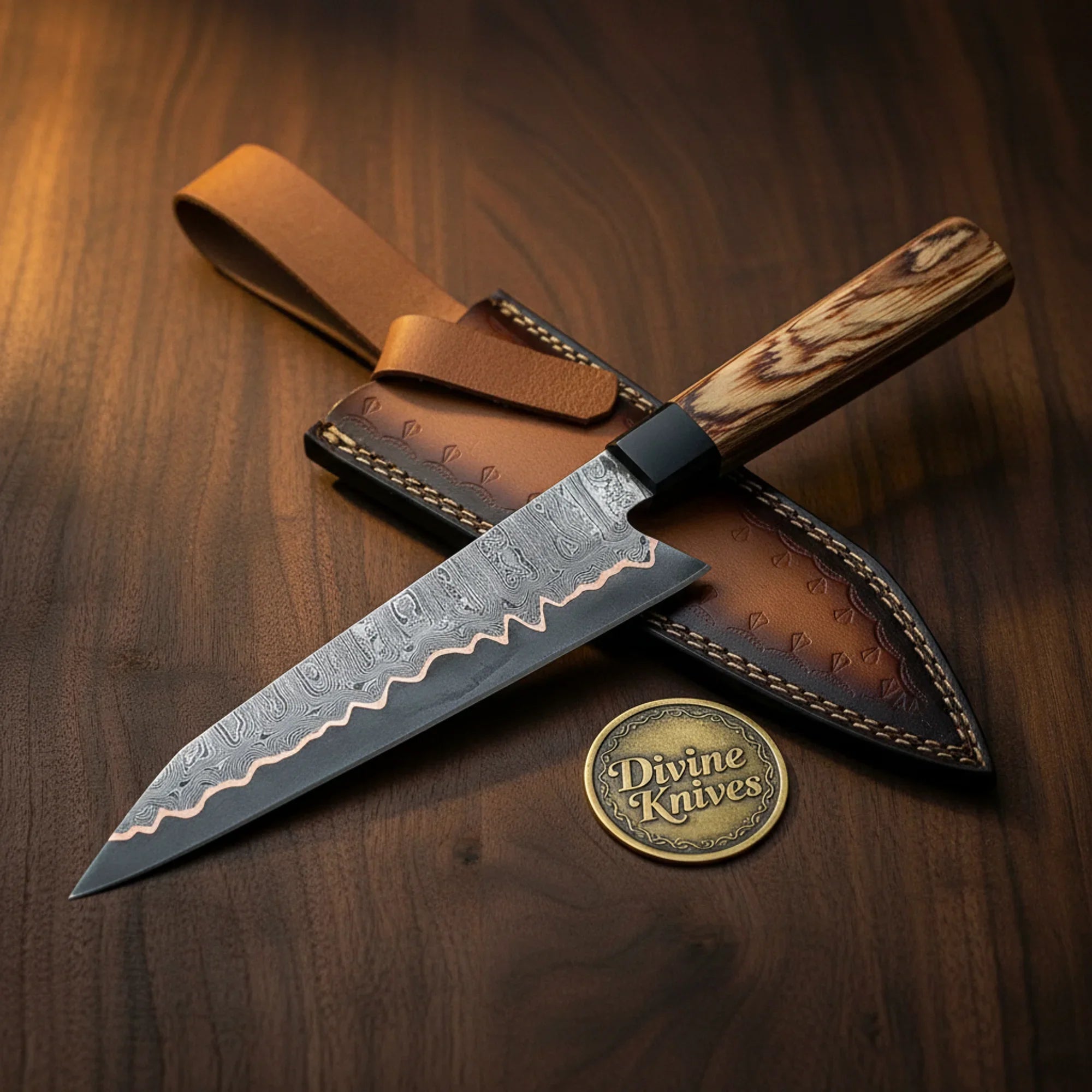 Wave Edge Stag Handle Chef Knife with Leather Sheath for Kitchen and Camp Use by Divine Knives