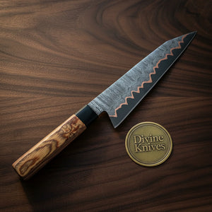 Wave Edge Stag Handle Chef Knife with Leather Sheath for Kitchen and Camp Use detail view by Divine Knives