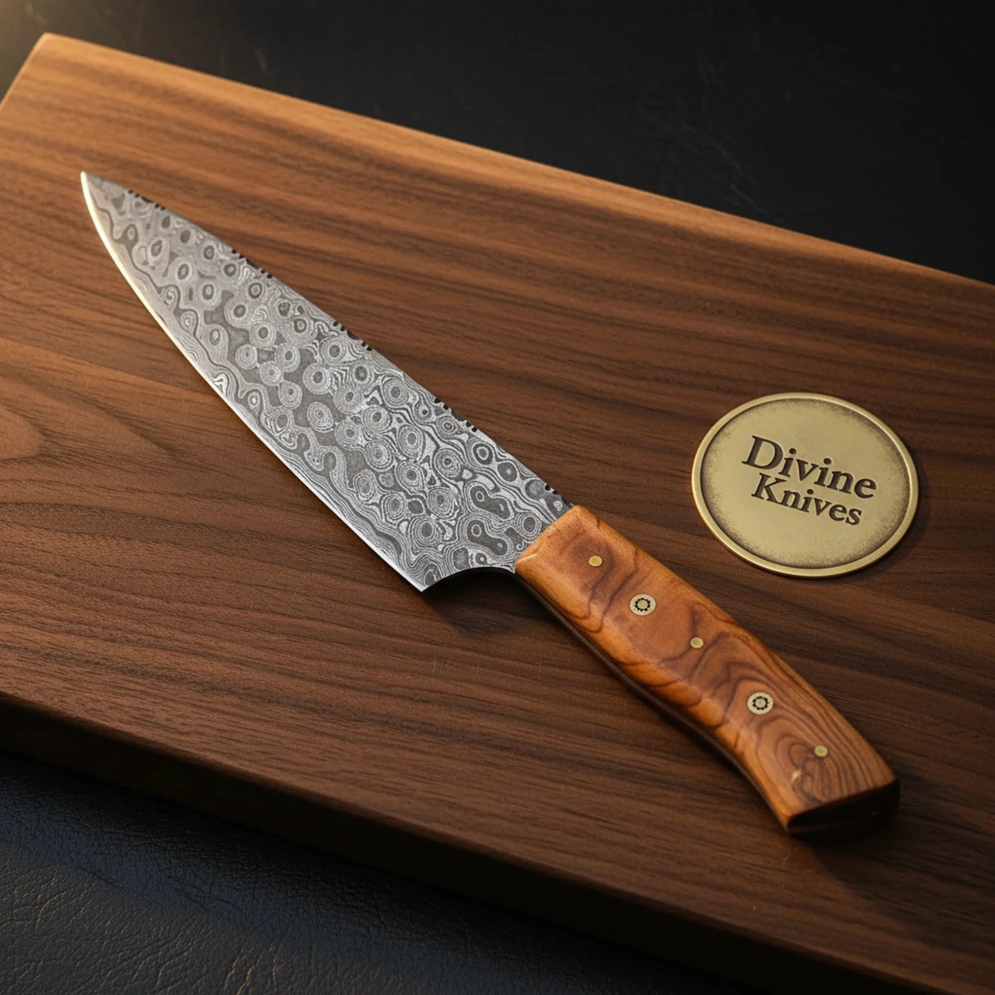 Olive Wood Handle Chef Knife with Patterned Steel Blade for Everyday Cooking by Divine Knives
