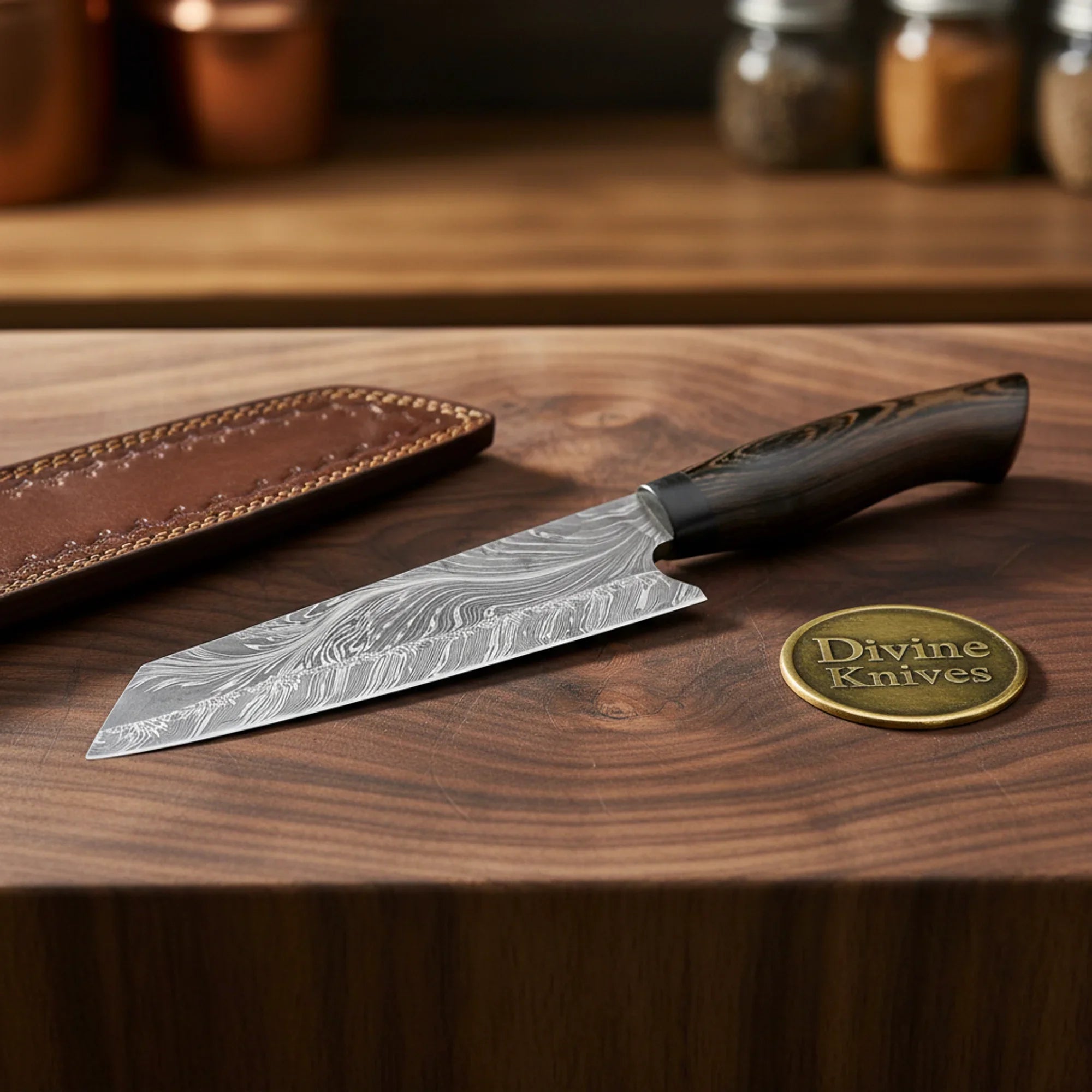 Dark Horn Handle Chef Knife with Wide Cutting Blade and Leather Sheath by Divine Knives