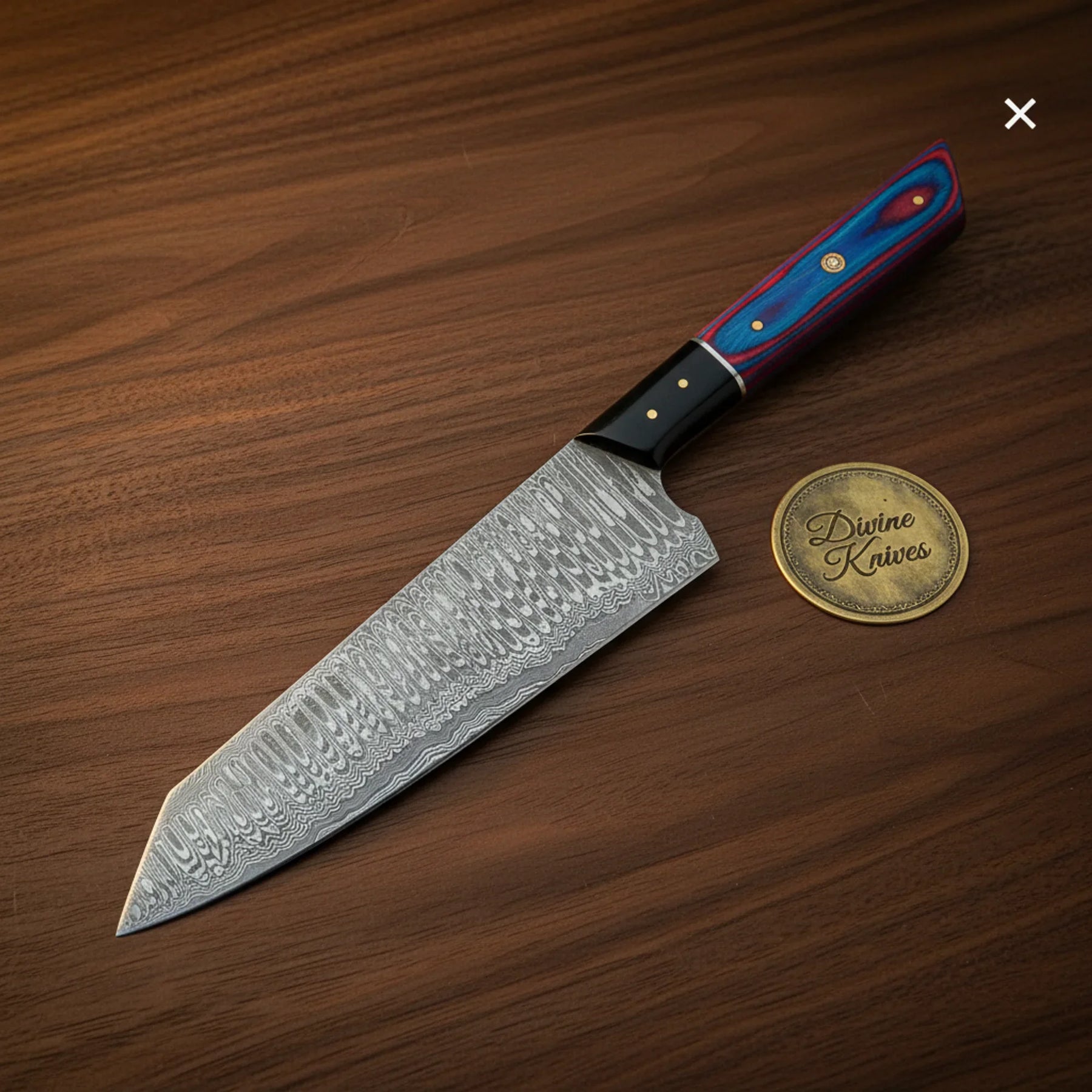 Blue Purple Resin Handle Kiritsuke Knife with Black Bolster for Precise Cutting by Divine Knives