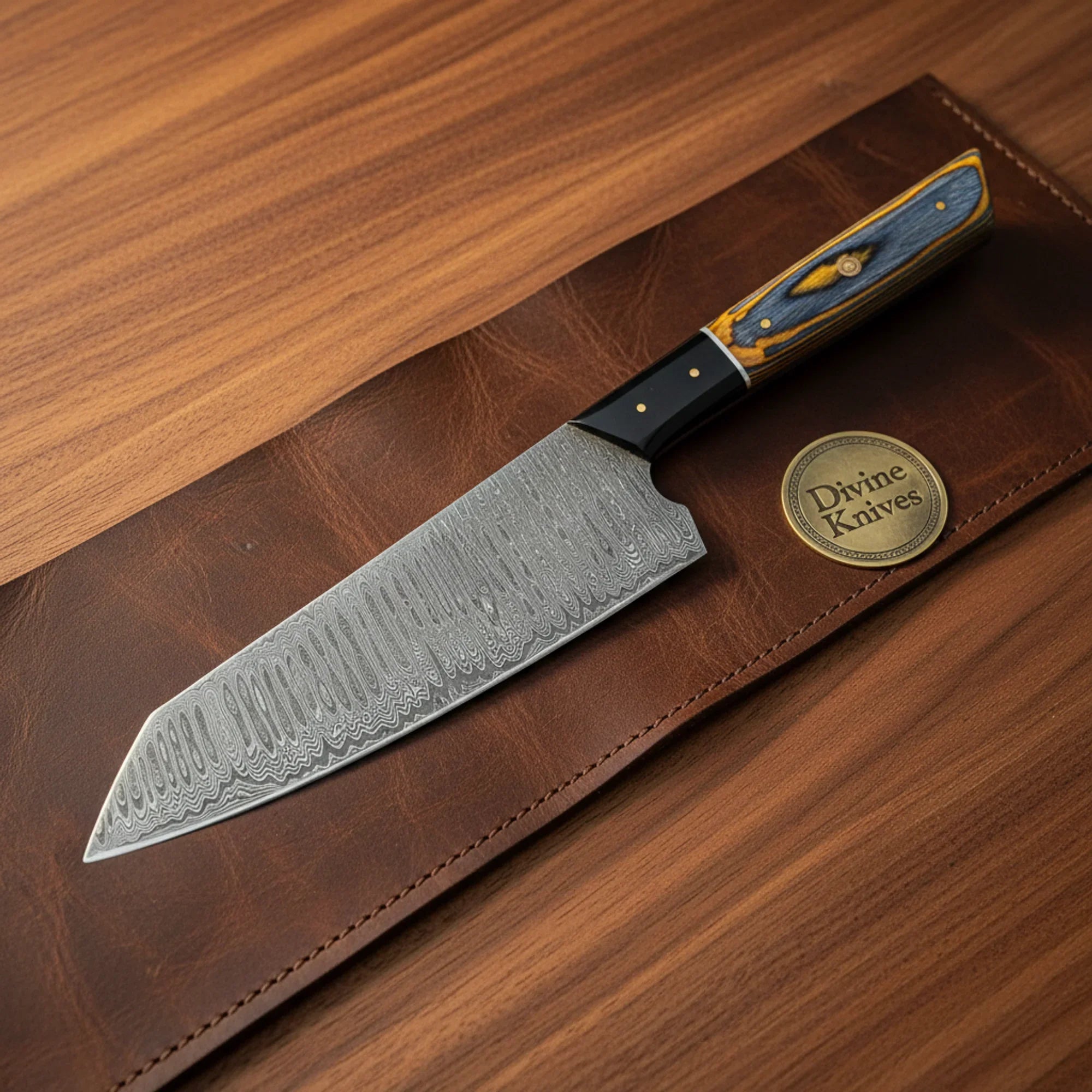 Blue Amber Handle Chef Knife with Hammered Blade Finish and Leather Sheath by Divine Knives