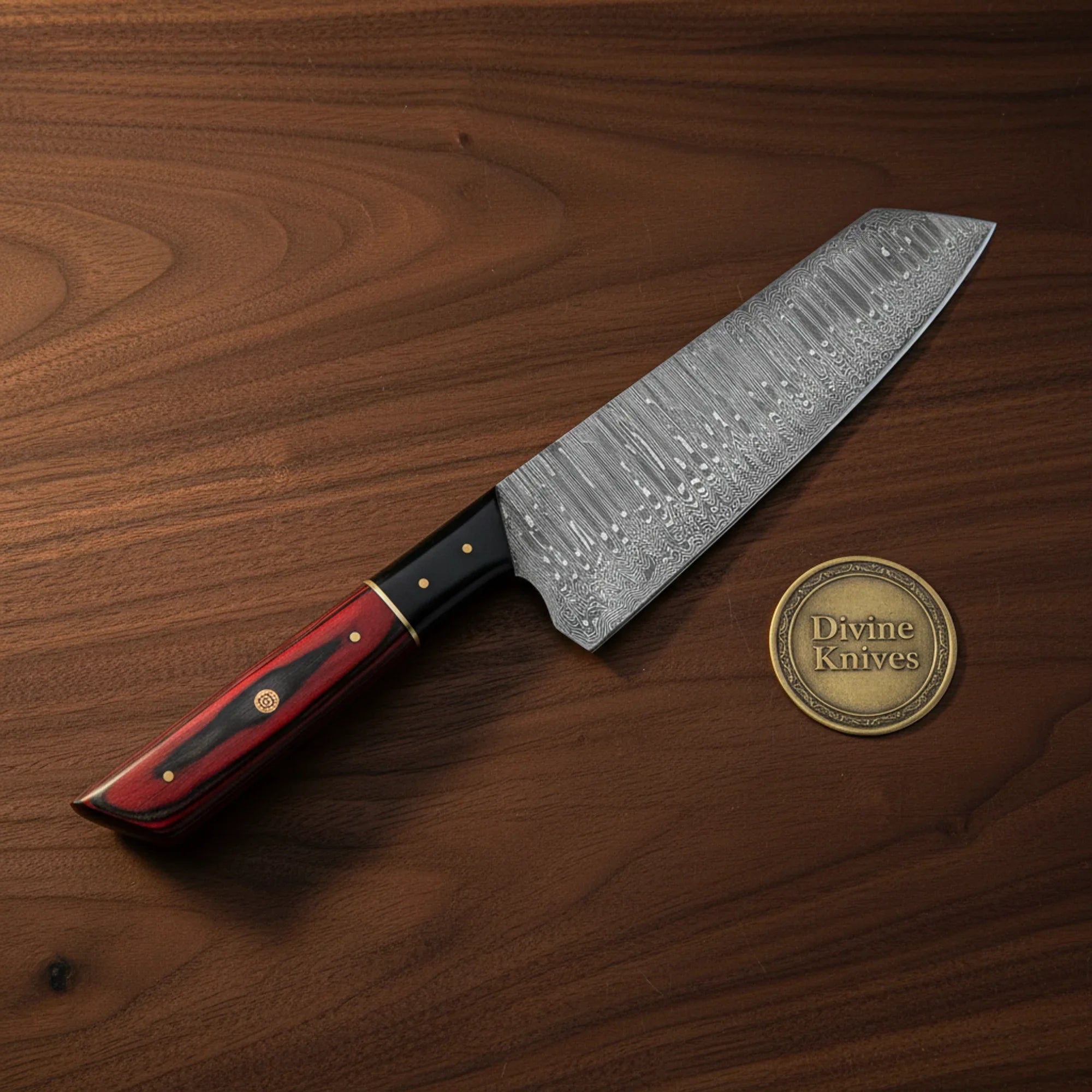 Red Black Handle Santoku Chef Knife with Brass Bolster for Controlled Cuts by Divine Knives