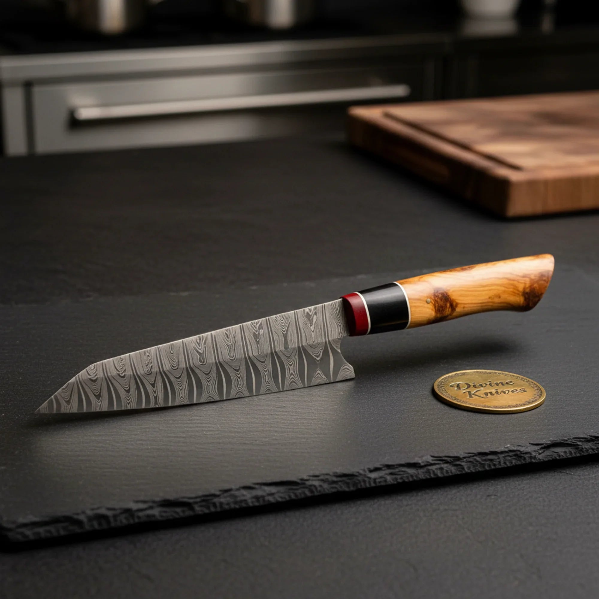 Olive Wood Chef Knife with Red Spacer Accent and Patterned Steel Blade by Divine Knives