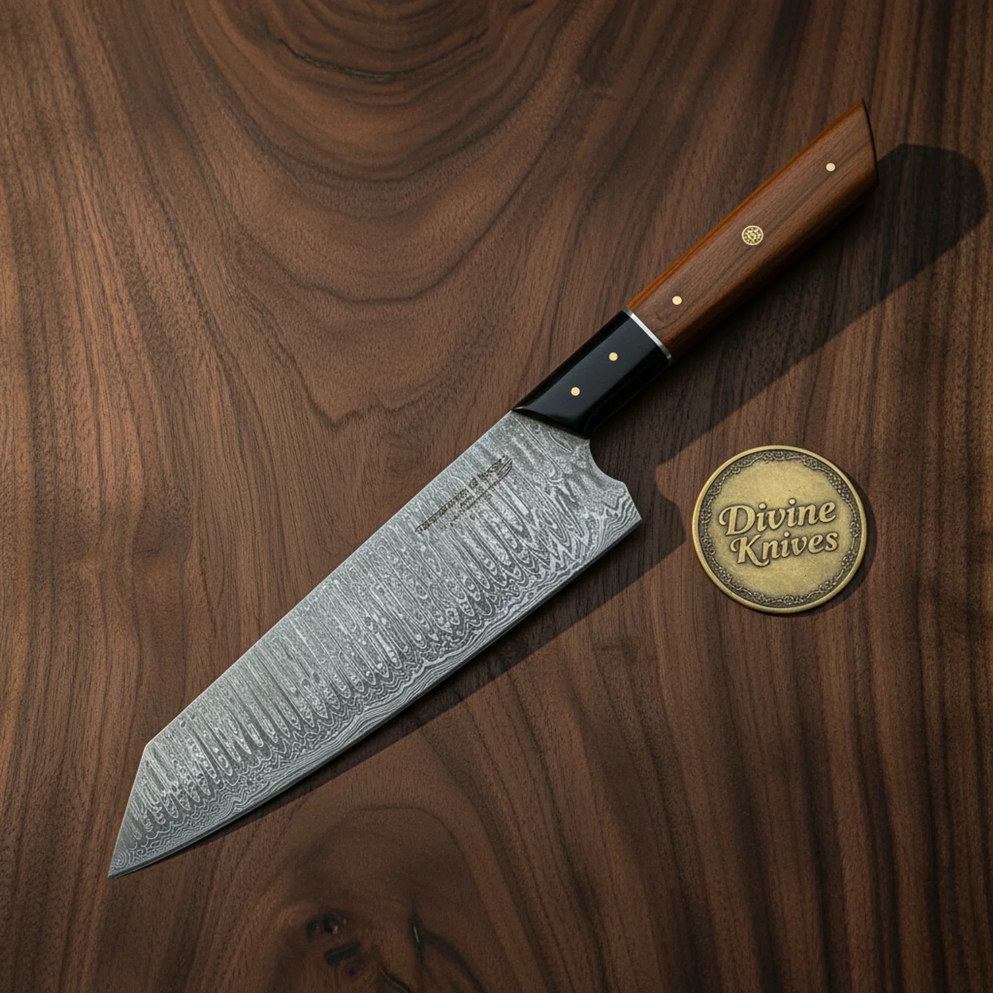 Wood Handle Kiritsuke Chef Knife with Black Bolster for Detail Cutting by Divine Knives