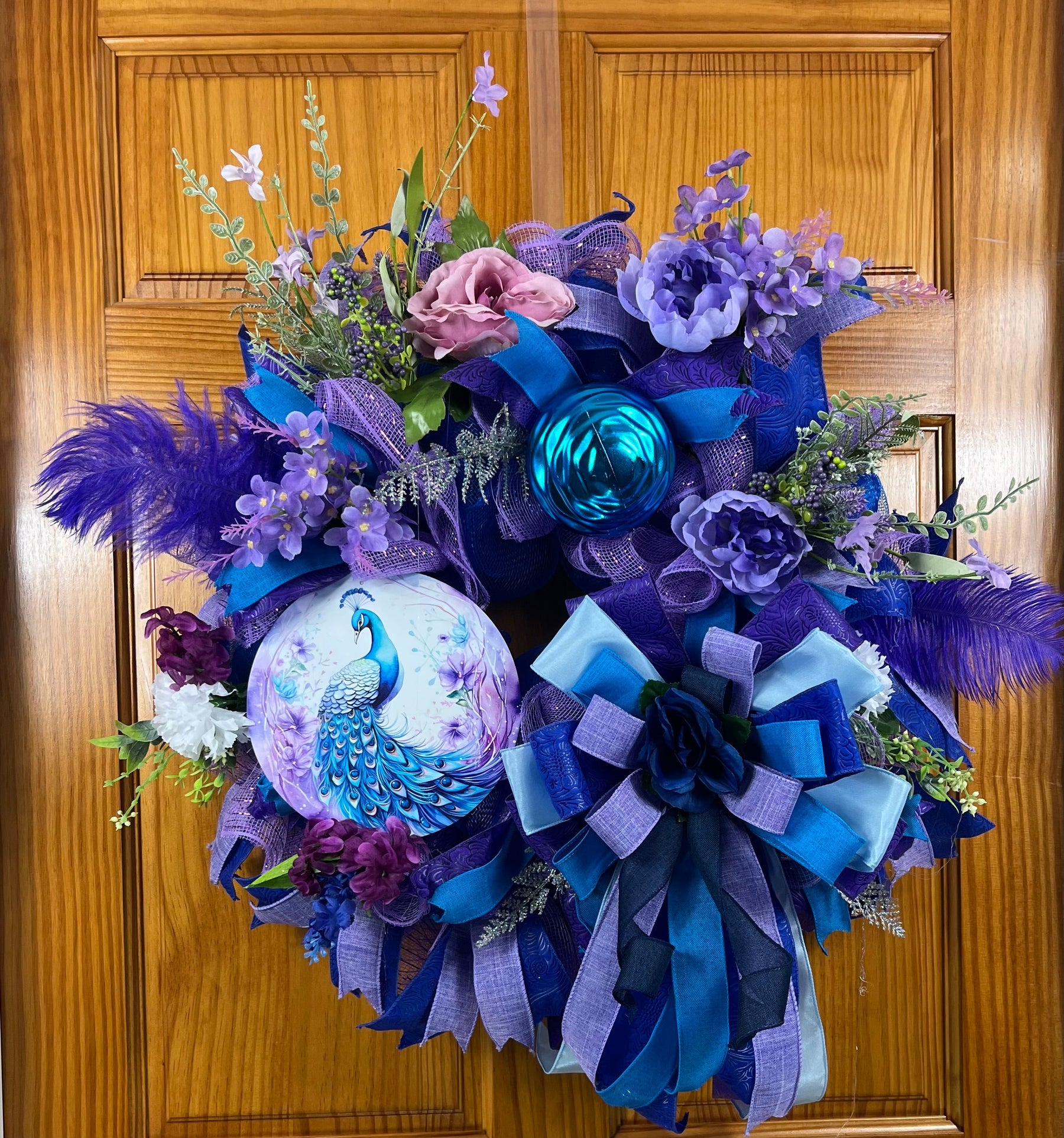 Royal Peacock Wreath | Handmade Blue & Purple Front Door Wreath | Elegant Floral Peacock Door Hanger | Luxury Everyday Home