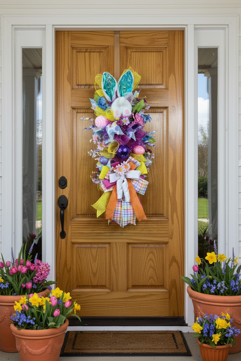 Bunny Easter Door Swag | Handmade Easter Bunny Swag | Colorful Spring Door Decor | Easter Front Door Decoration | Whimsical