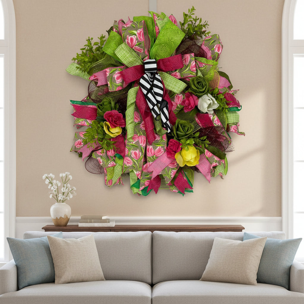 Pink Tulip Spring Wreath | Handmade Floral Front Door Wreath | Farmhouse Garden Door Hanger | Everyday Spring Home Decor by