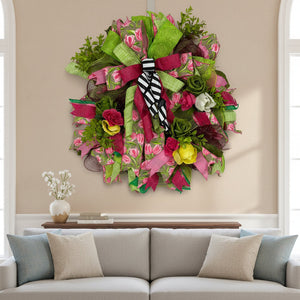Pink Tulip Spring Wreath | Handmade Floral Front Door Wreath | Farmhouse Garden Door Hanger | Everyday Spring Home Decor by