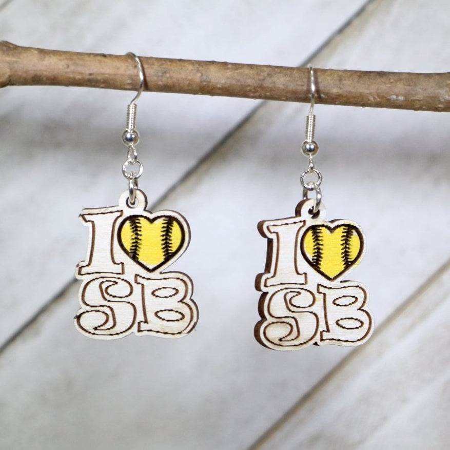 I Love Softball Wooden Earrings | Softball Mom Sports Jewelry by Cate's Concepts, LLC, handmade jewelry main product photo