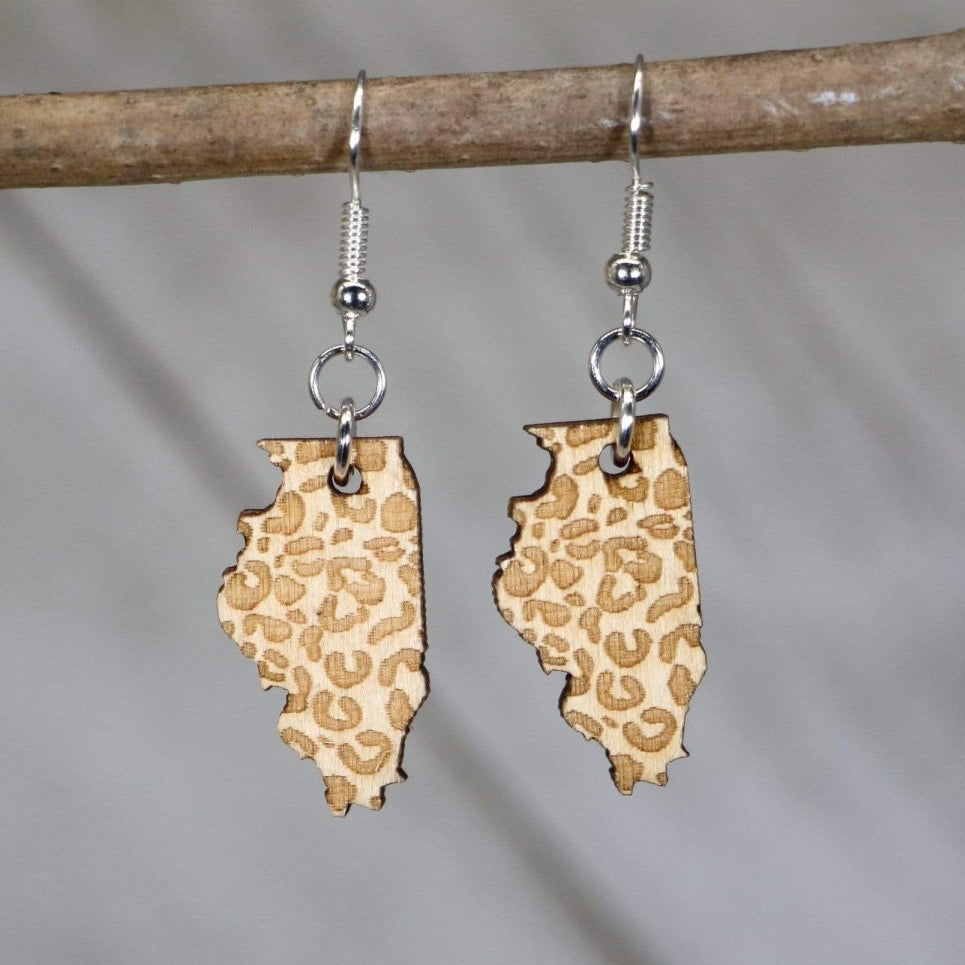 Illinois State Cheetah Print Wooden Earrings | State Pride Jewelry by Cate's Concepts, LLC